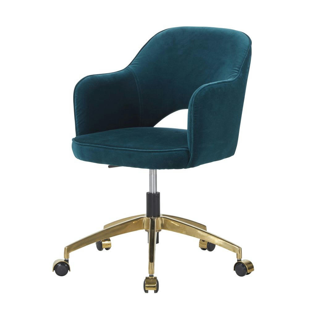 Sacha - Fauteuil de bureau à roulettes en velours bleu pétrole