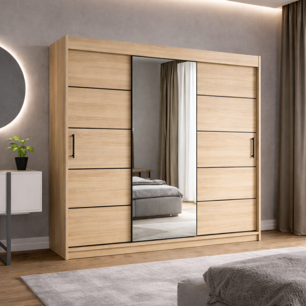 Szafa przesuwna RIO-3 180cm dąb artisan   czarne dodatki
