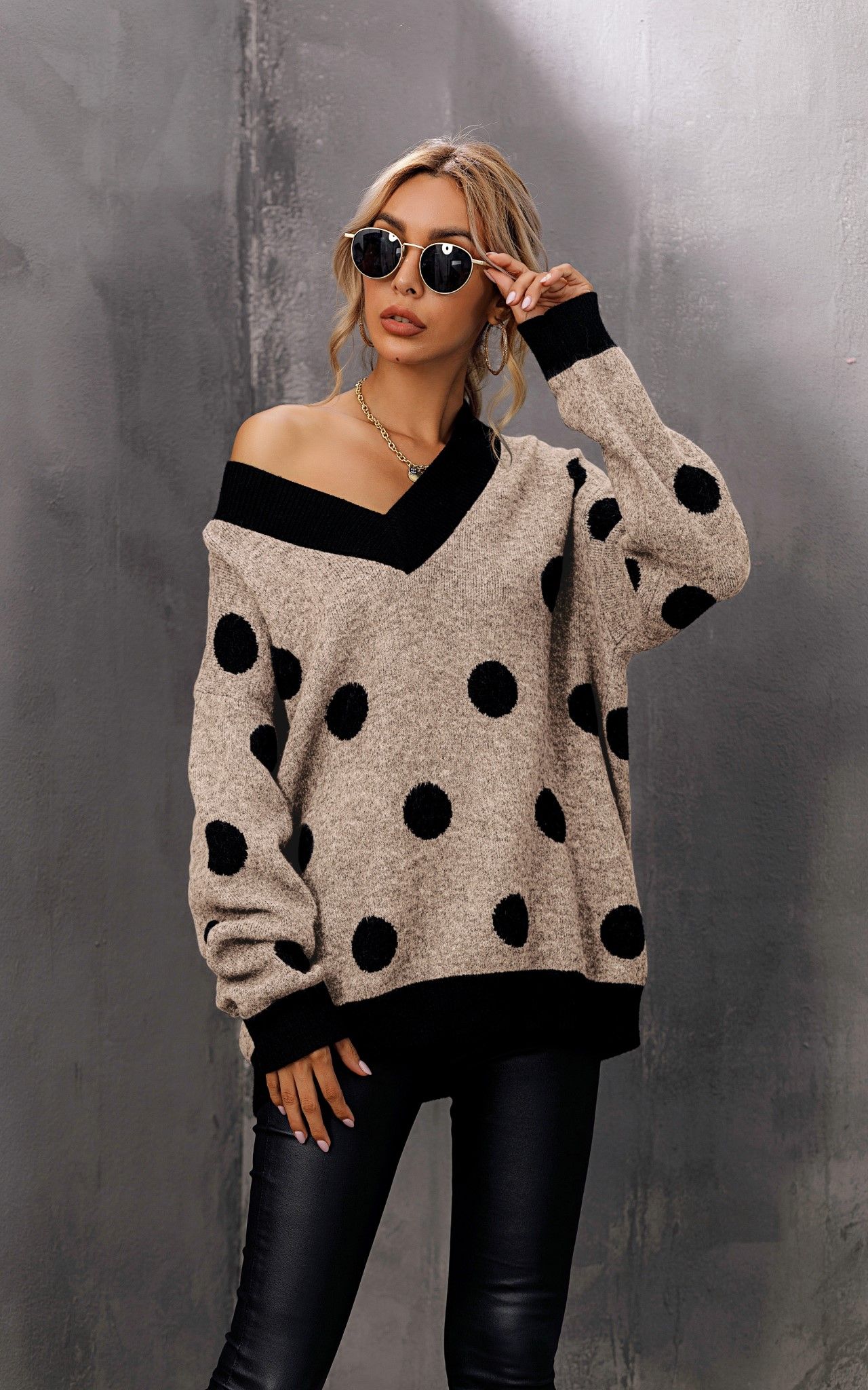 FS Collection Wool Blended V Neck Jumper In Beige & Black Polka Dot Print