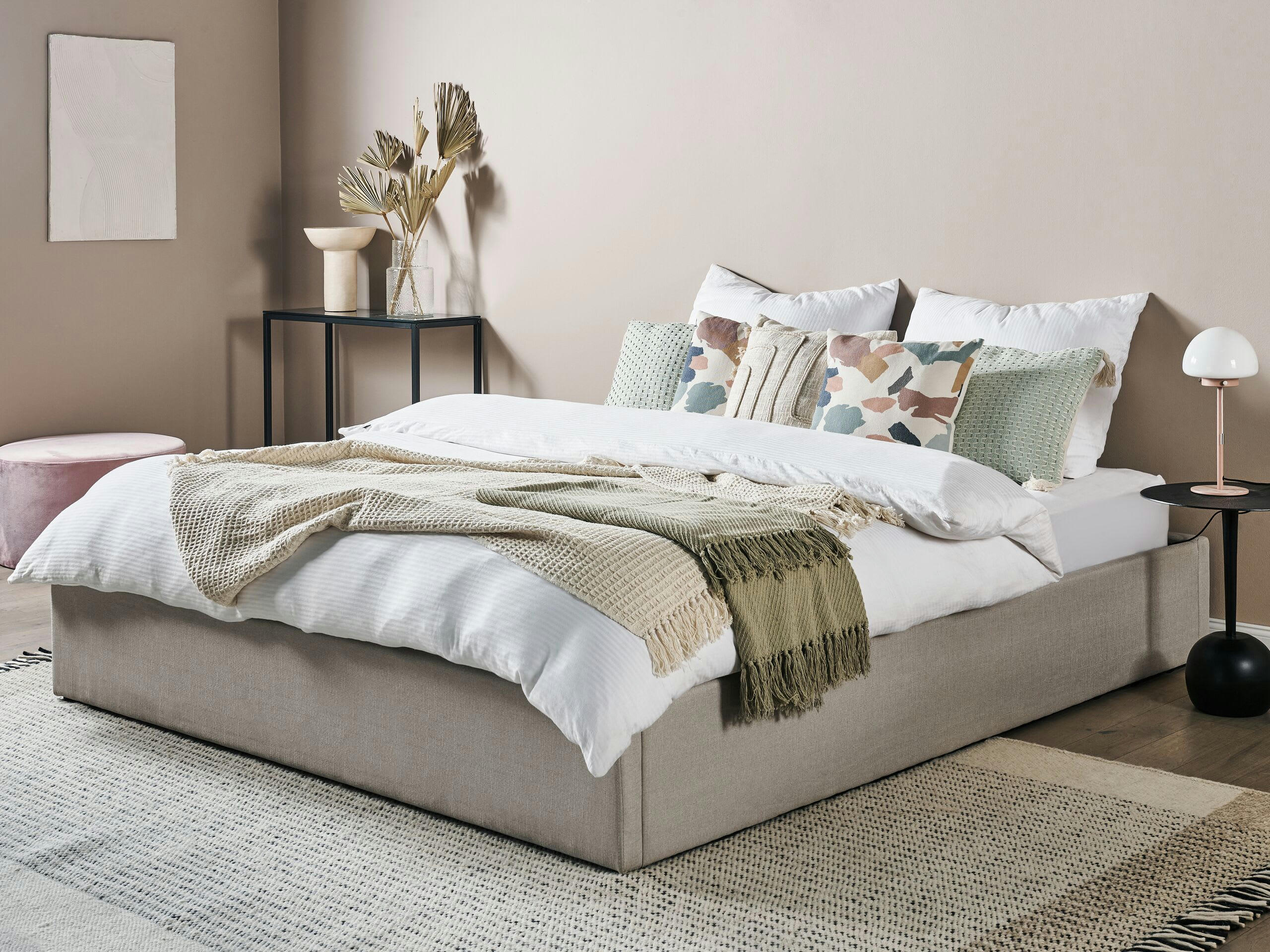 DINAN - Lit double en tissu beige 180x200