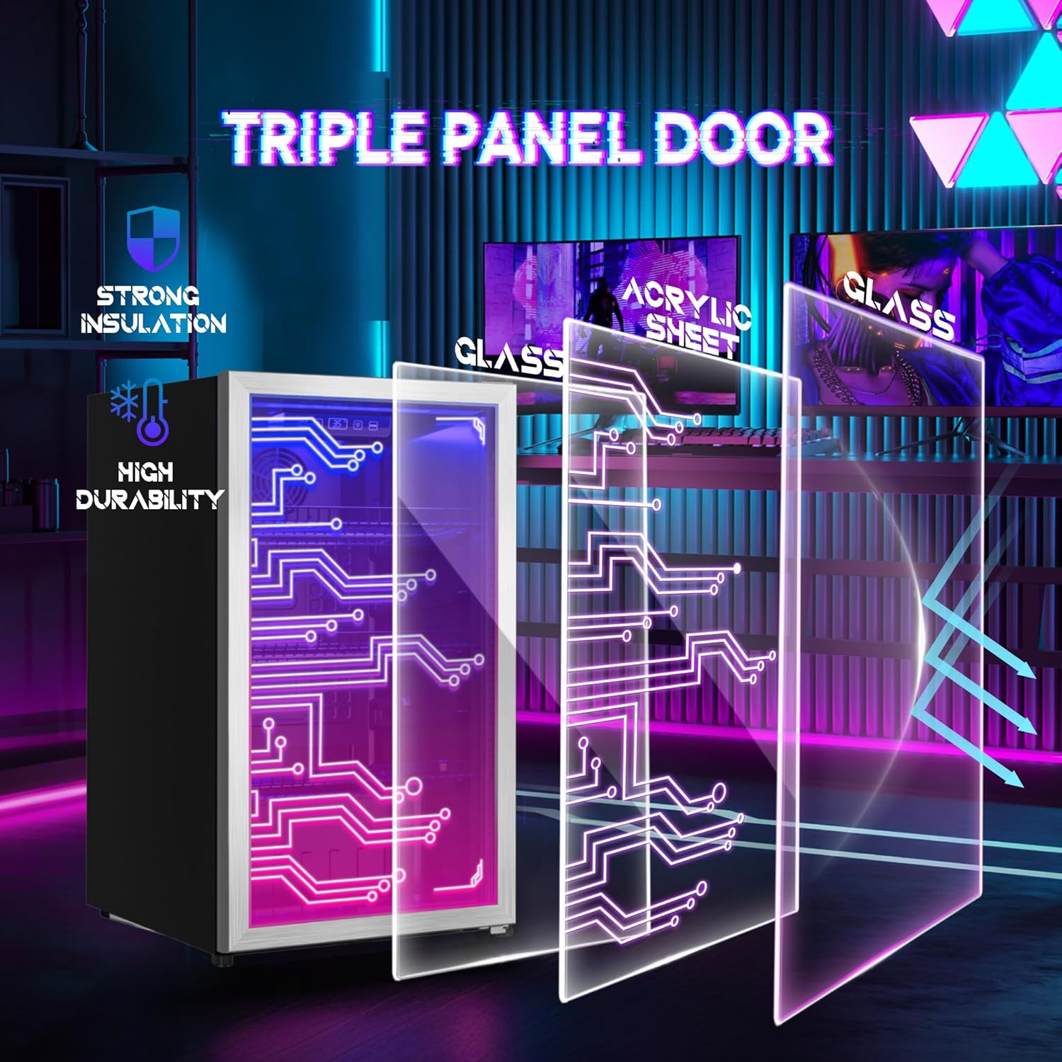 Manastin Gaming Light Up Beverage Refrigertor, Led Lighting Door 120 Cans Freestanding Beverage Fridge, Cyberpunk Beverage Cooler for Gaming, Gaming Room, Bar, Party (Lighting)