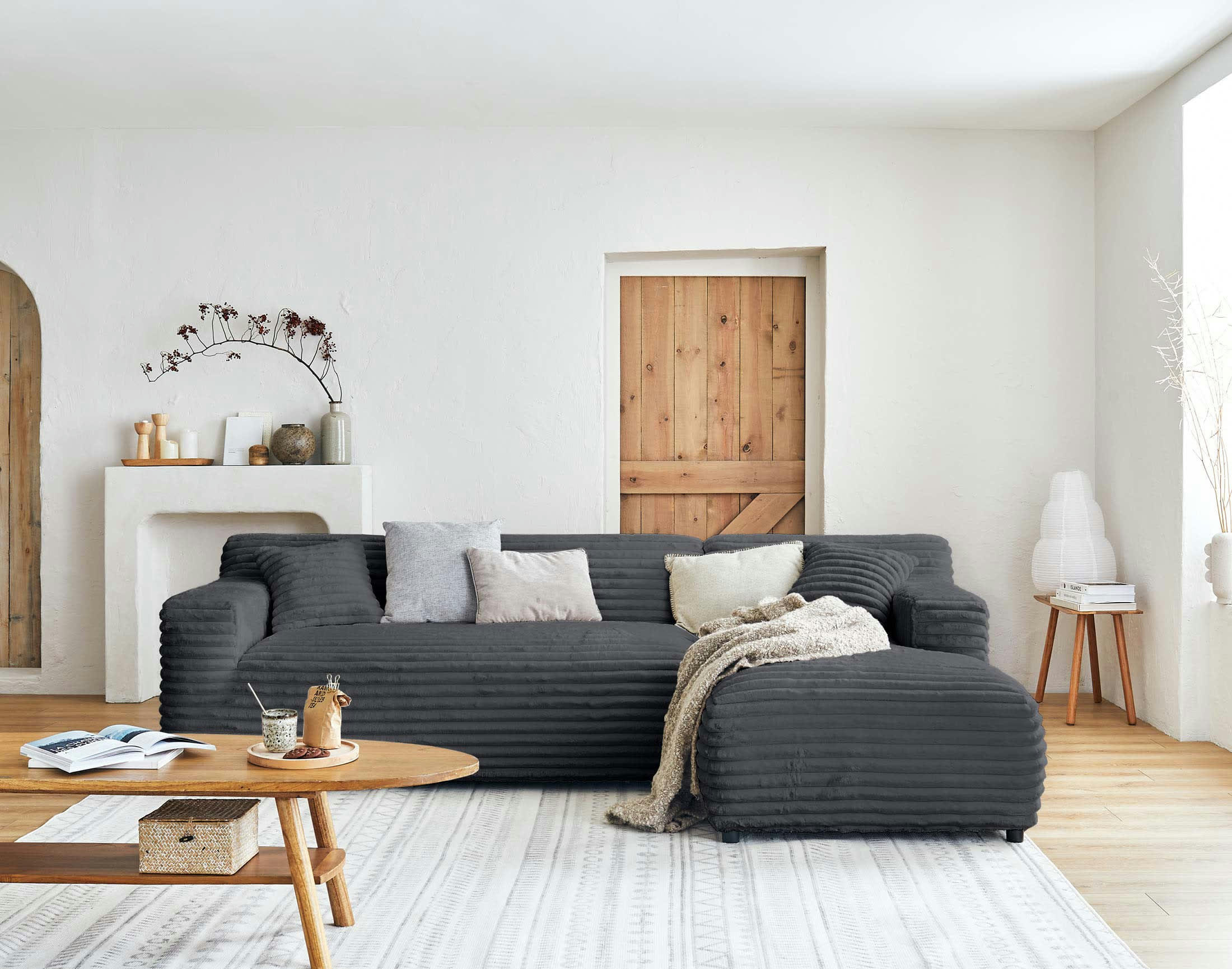 LAPONIE - Canapé d'angle droit 4 places en velours grosses côtes gris foncé