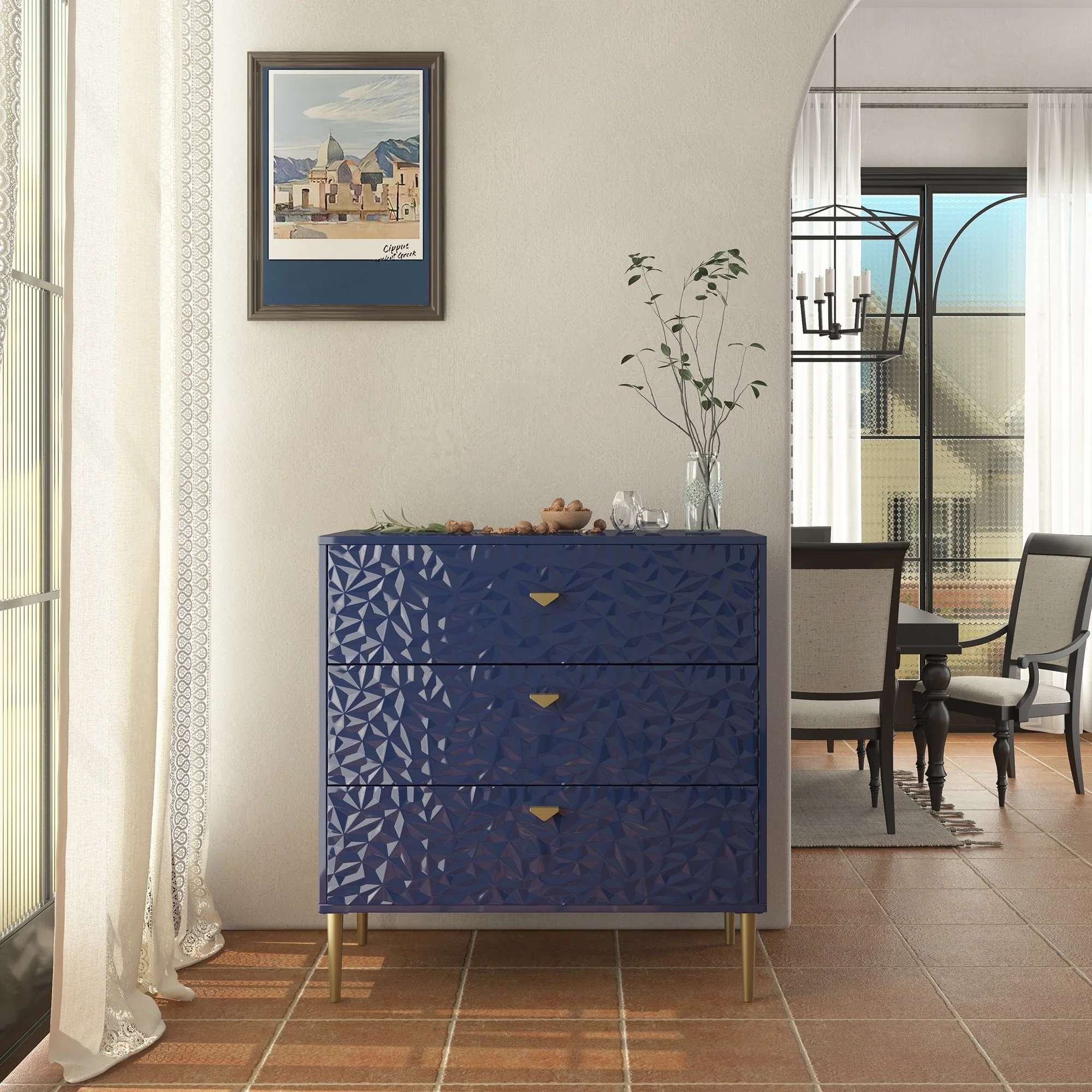 Clihome Mid-Century Glossy Wood Accent Chest with 3 Drawers