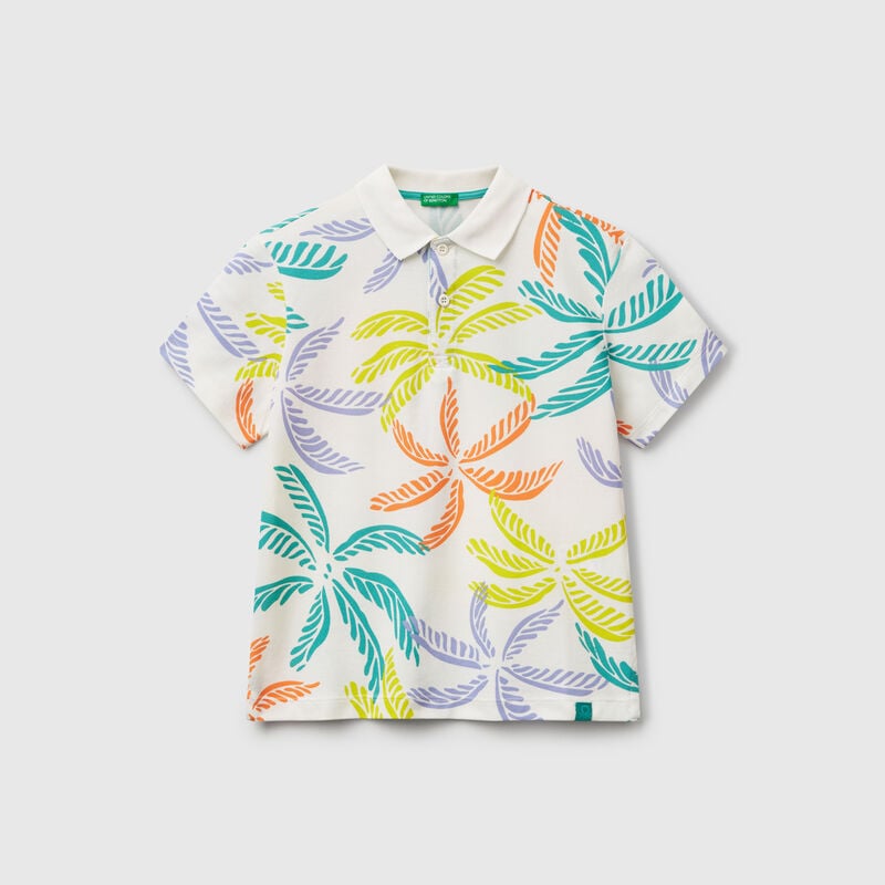 White polo with tropical print