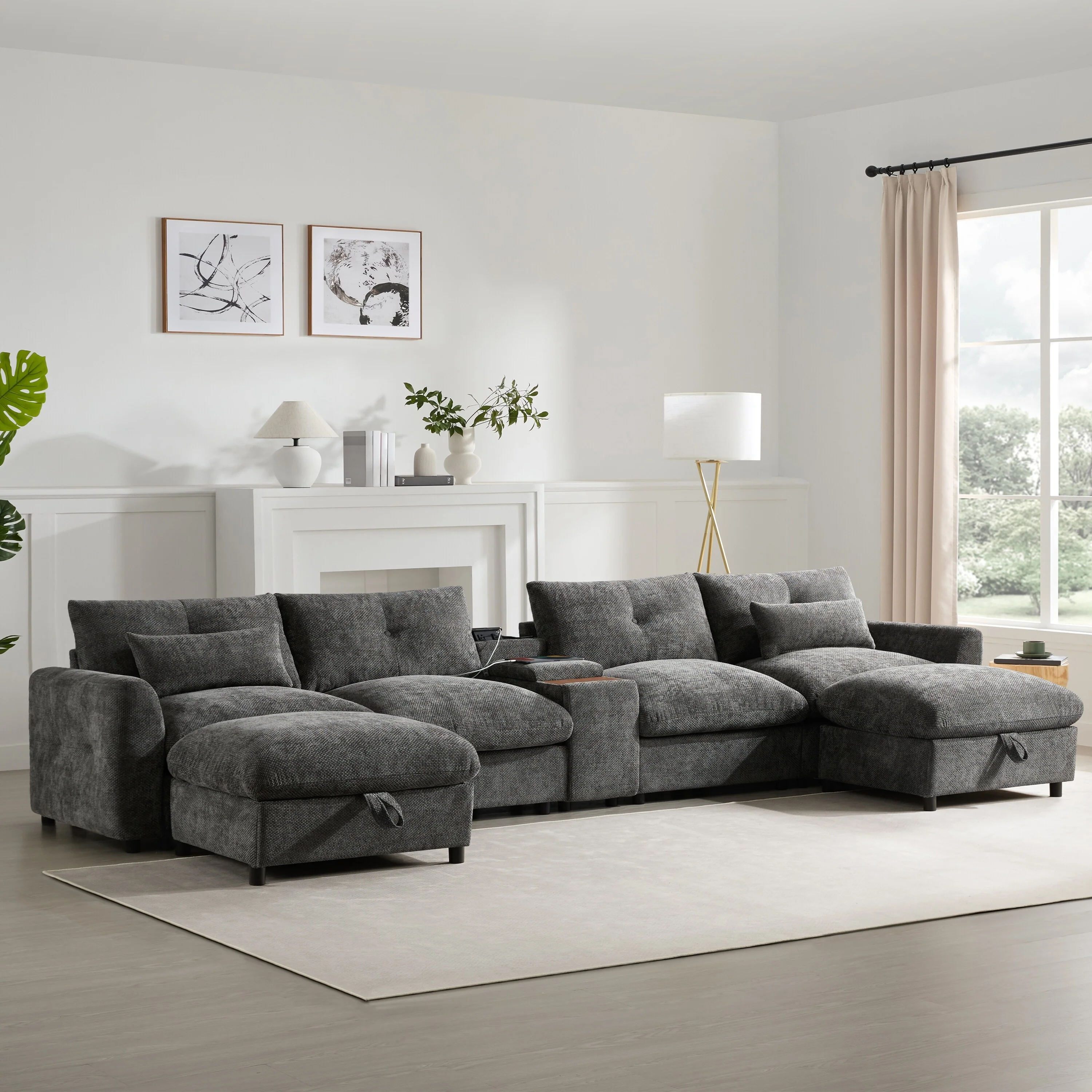 Modern Modular Sectional Sofa with Storage Ottomans and Charging Console and Tufted Back for Living Room and Guest Room