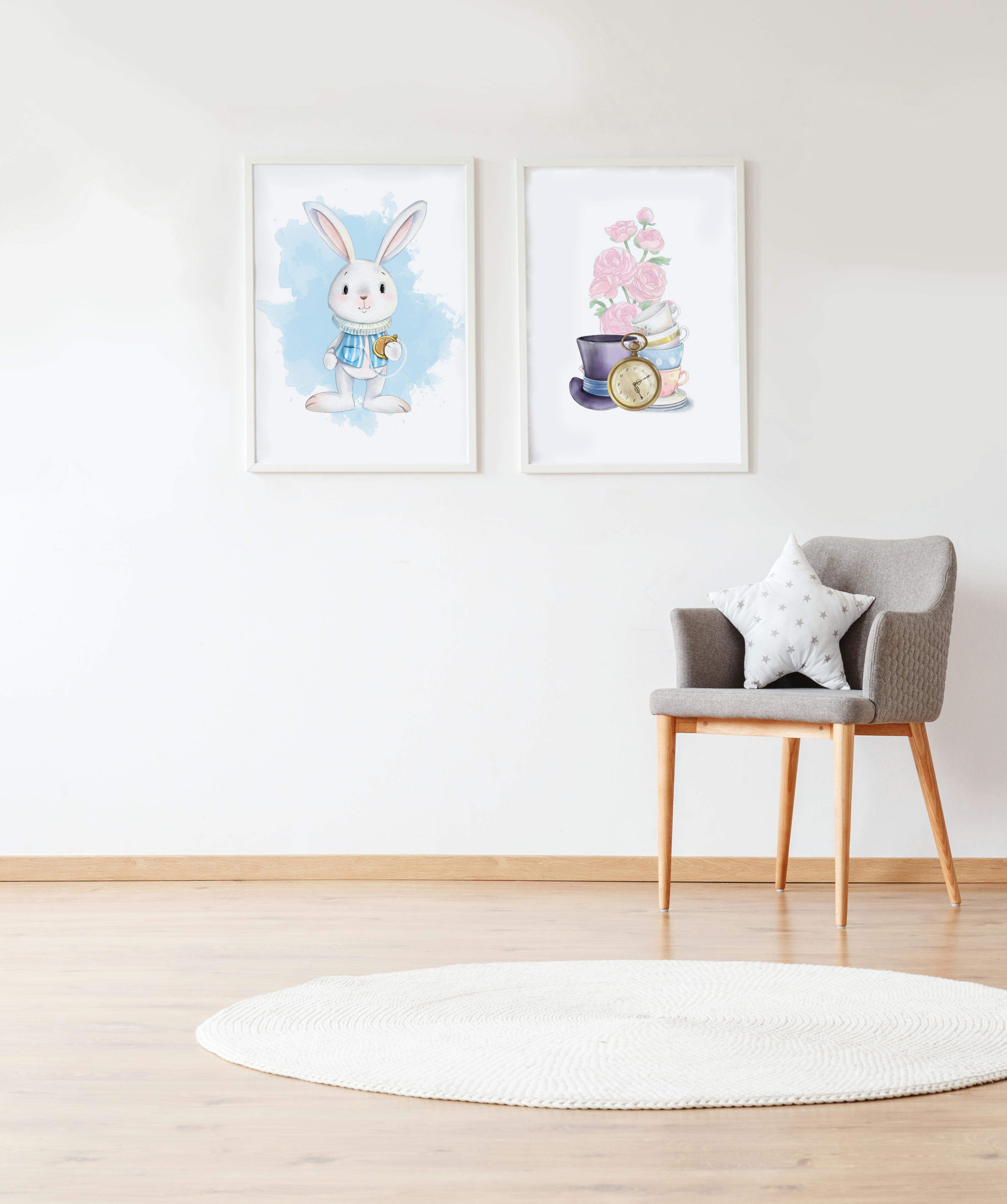 DECOWALL - Pack encadré bois blanc impression le lapin et fleurs 43X33 cm