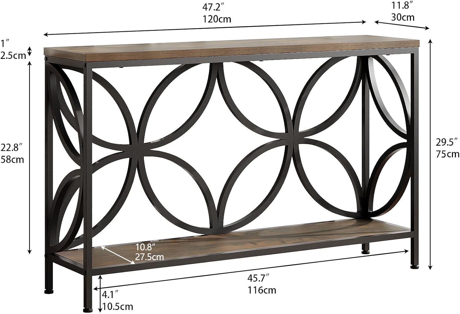 GiftGo Narrow Sofa Table 47.2 Inch, Industrial Sofa Table Behind Couch, Vintage Entry Console Table with Storage for Entryway, Living Room, Foyer, Elegant Design (Rustic Brown, 47.2)