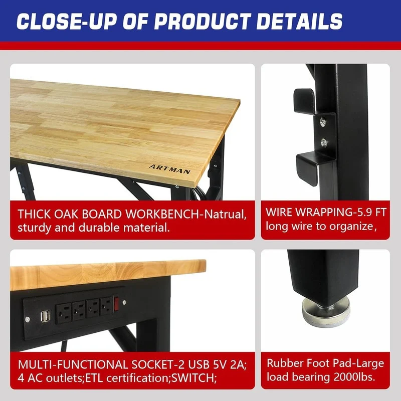 48 Adjustable Work Bench with Power Outlets Wooden Top Work Table - 48L X 24W X 39H