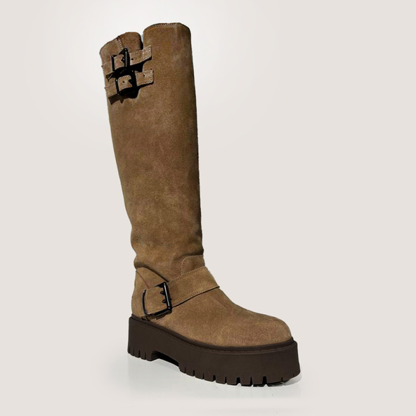 Bottes à sangles et semelles crantéesen croute taupe | REINE