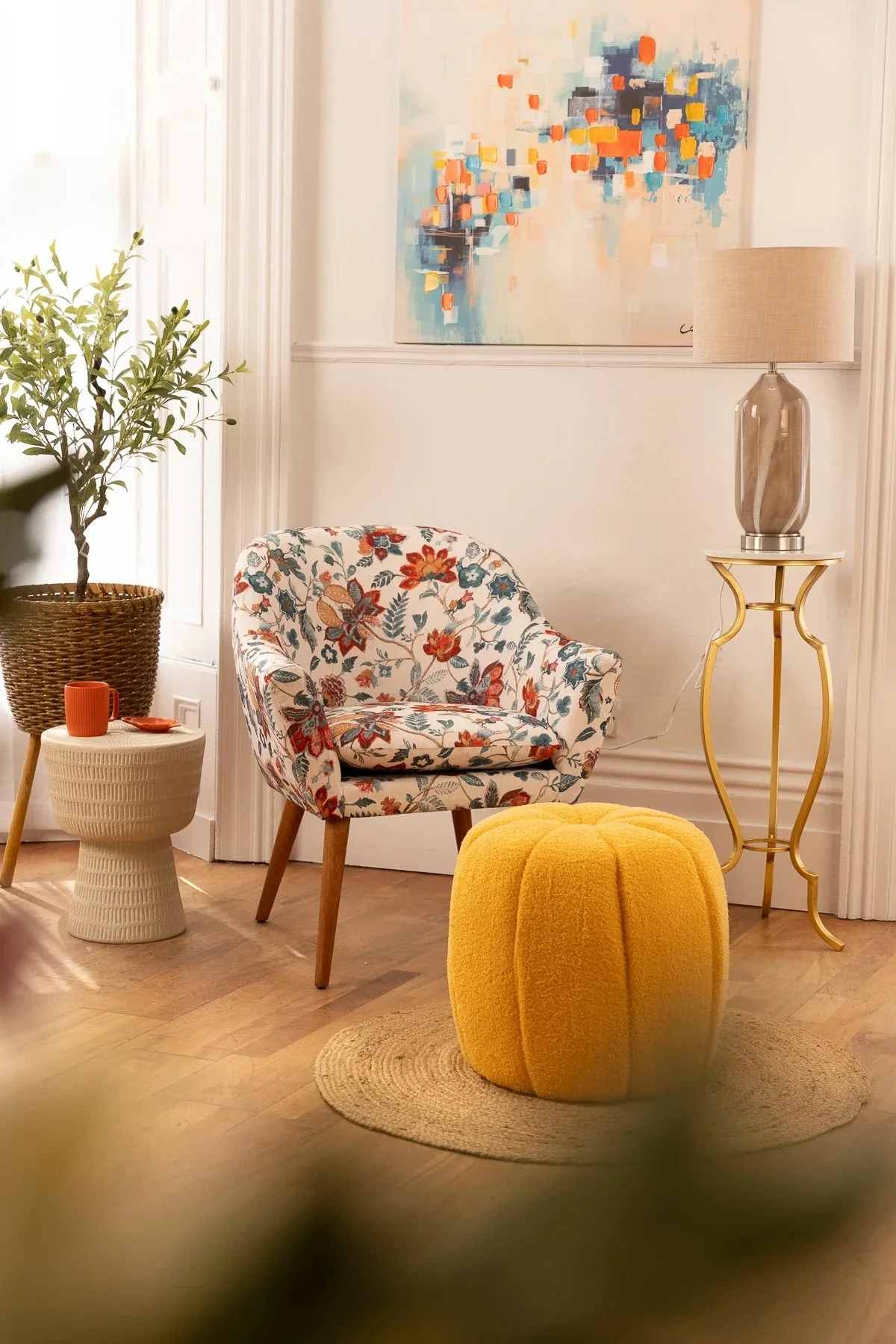 Jones Red Floral Print Chair with Wooden Legs