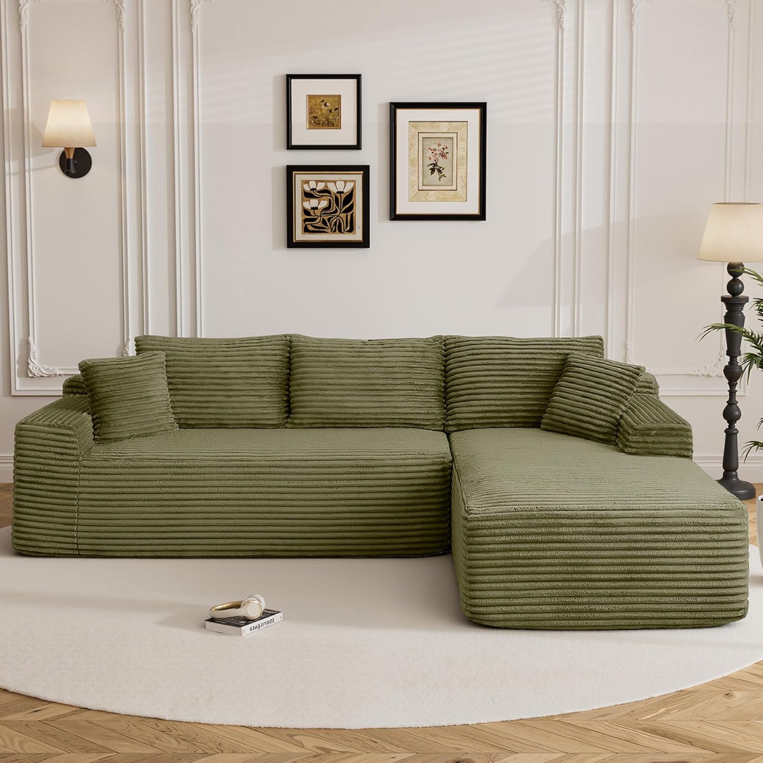 95 Boneless Cloud Sectional Couches for Living Room, Comfy Fluffy L Shaped Memory Foam Deep Seat Boneless Couch, Modular Sectional Sofa with Right Facing Chaise, Olive Green