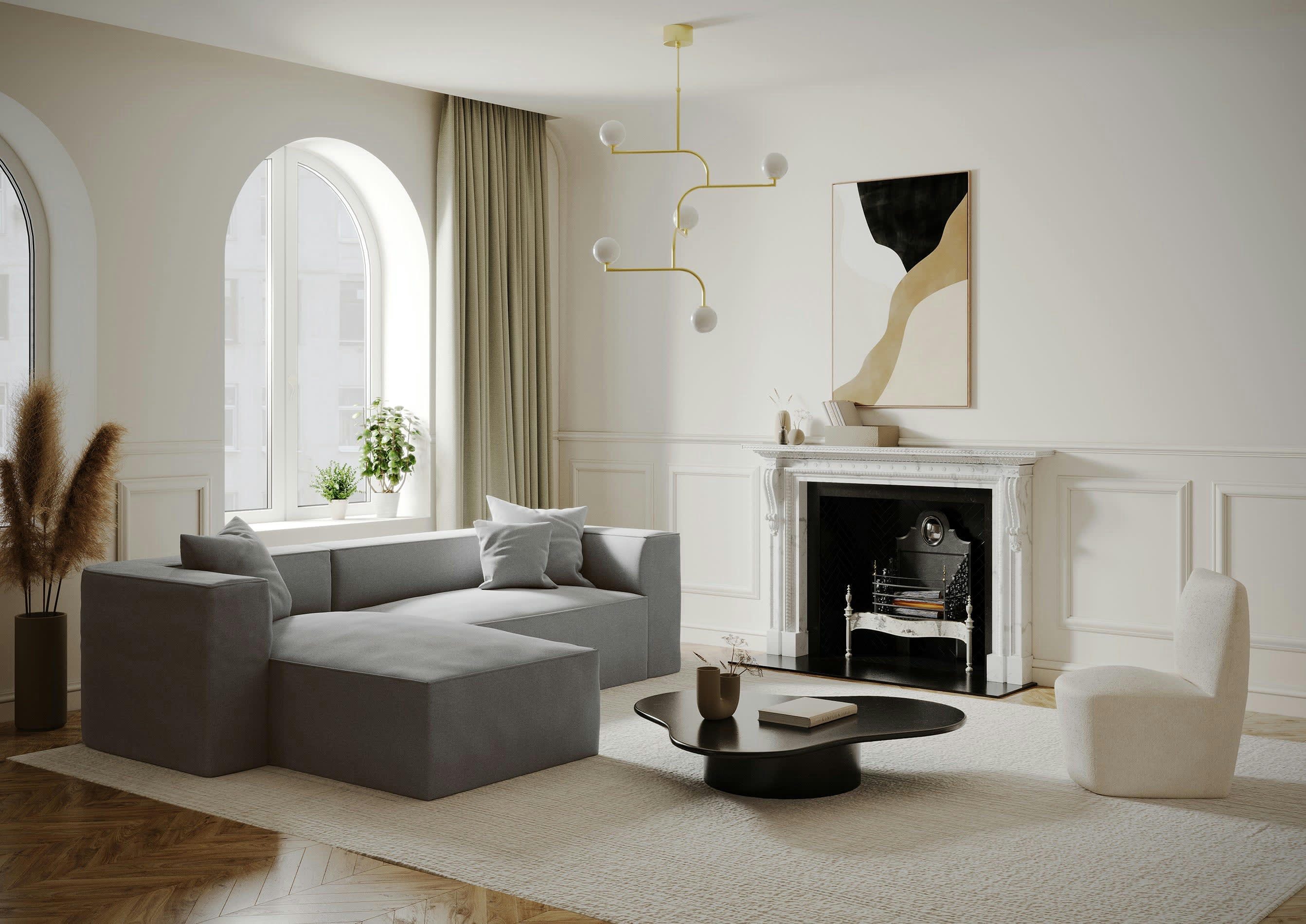 ALMA - Canapé d'angle gauche tissu tramé gris béton