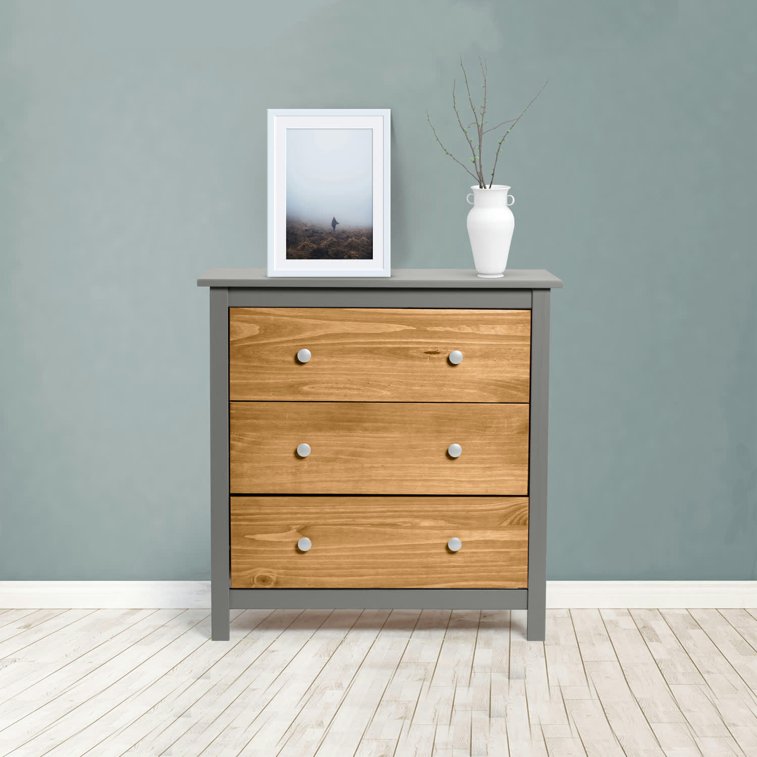 BONNIE - Commode gris 3 tiroirs, fabriqué en bois de pin massif