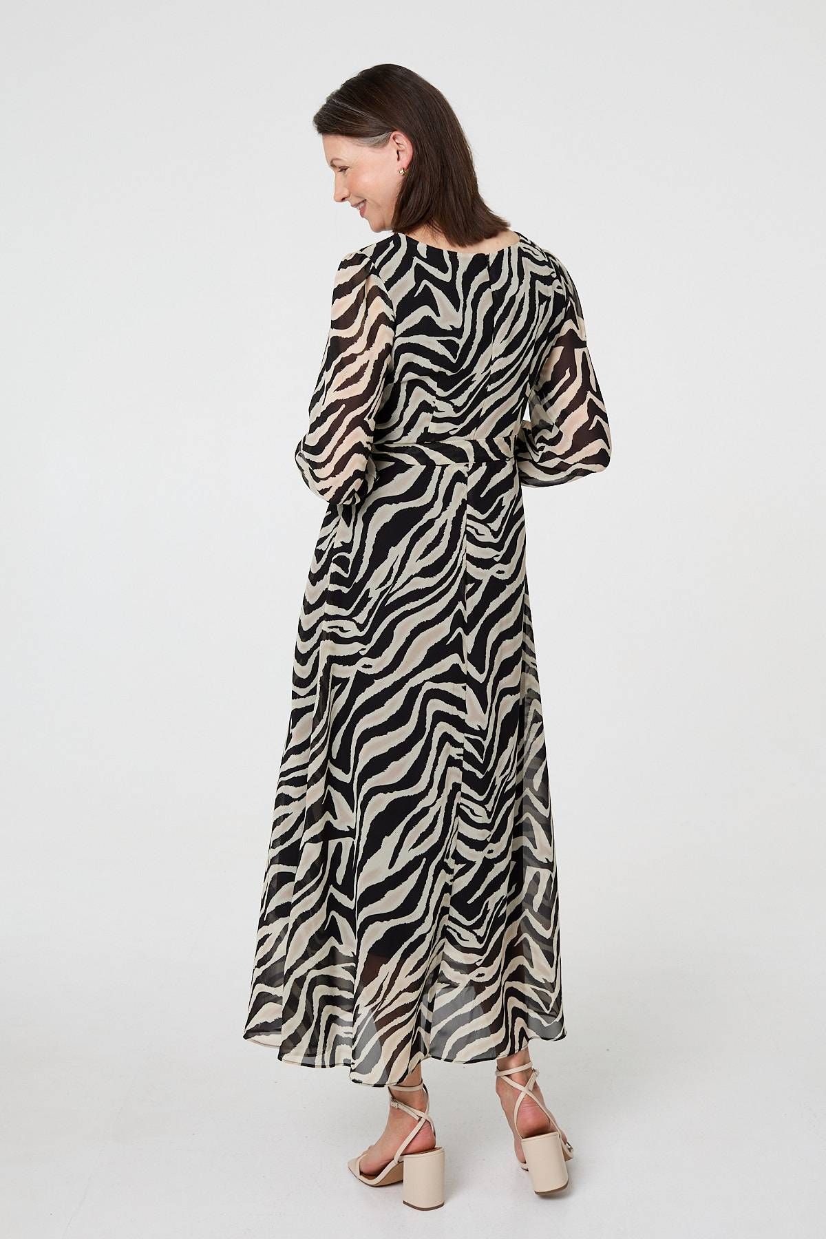 Izabel London Zebra Print Layered Tie Waist Maxi Dress