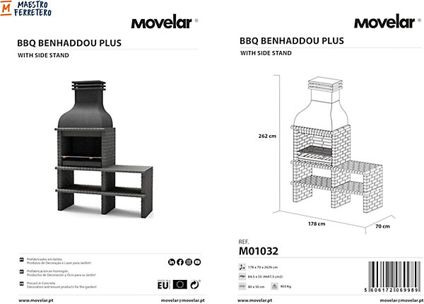 MOVELAR - Barbecue en Béton pour Bois/Charbon BENHADDOU PLUS avec étagère et Grille (Gris Foncé - 178x70x262 cm)M01032 - Extérieur