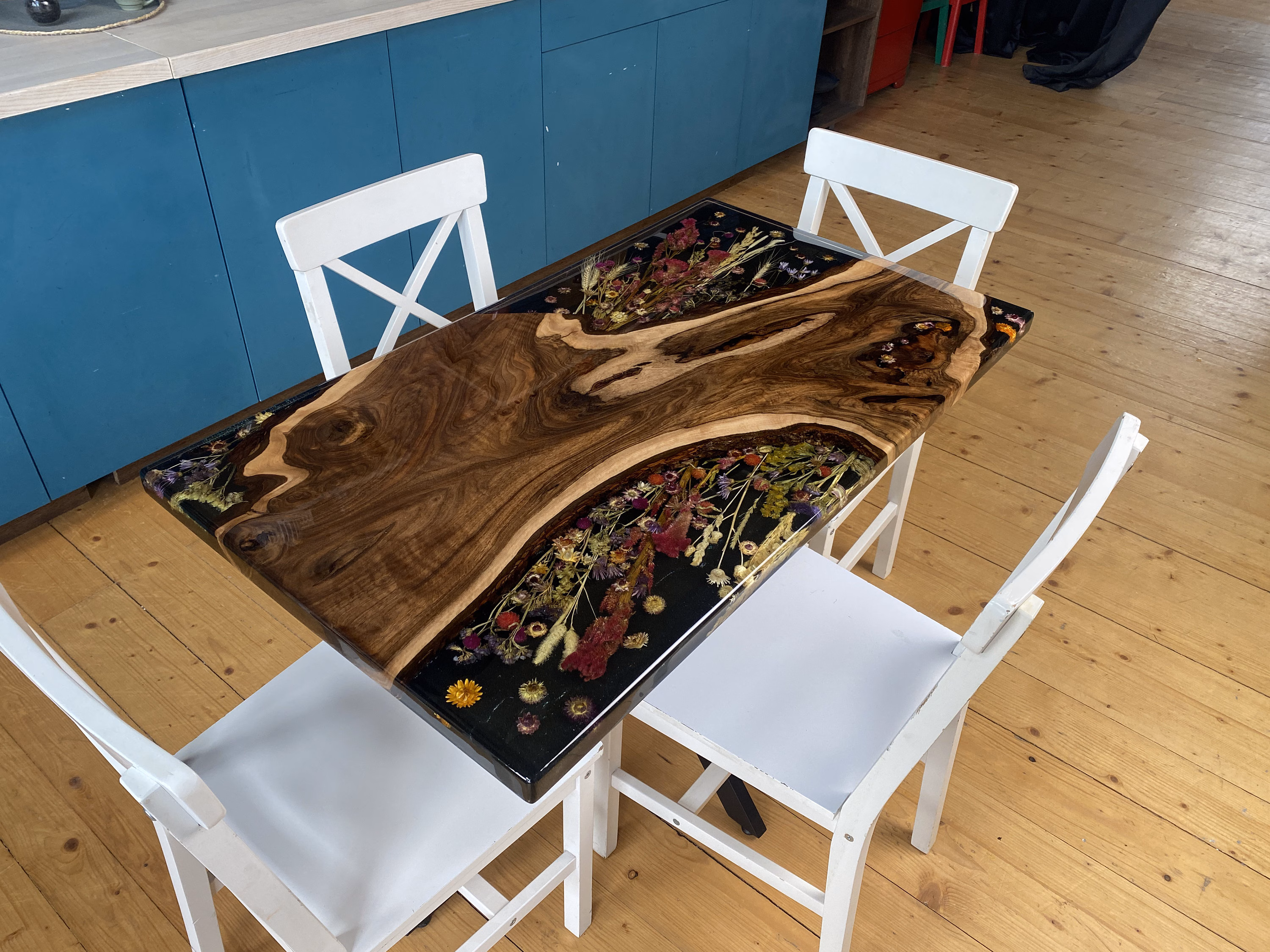Pressed Flower Epoxy Dining Table, Live Edge Floral Art Resin Furniture