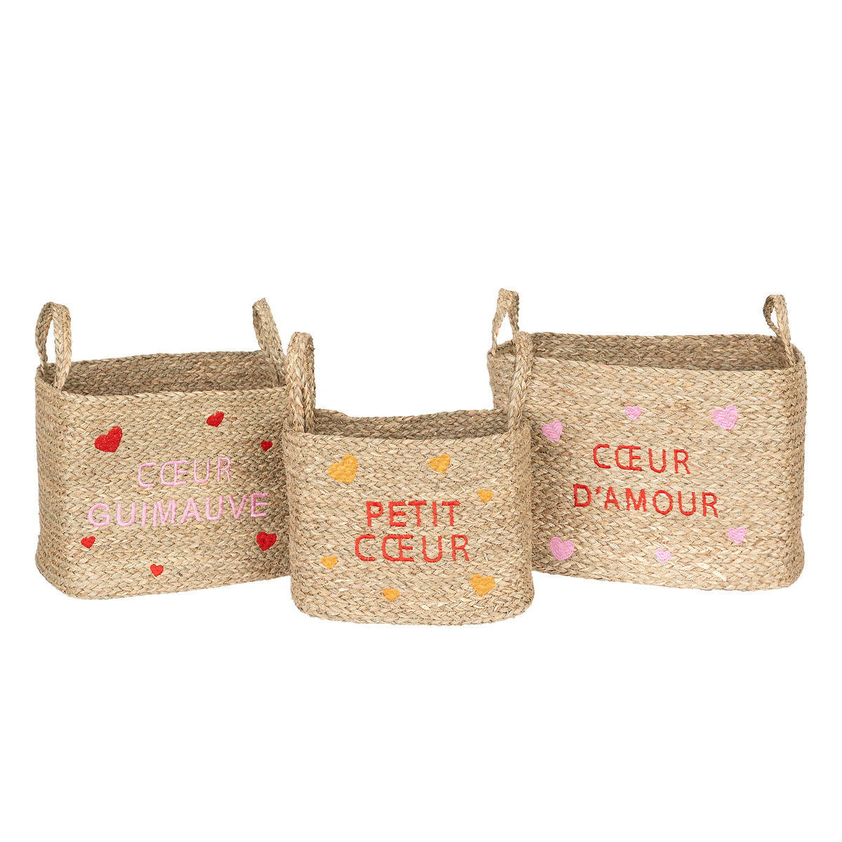 Set of 3 children's baskets "Neree" Heart motif, L.28/33/38 cm