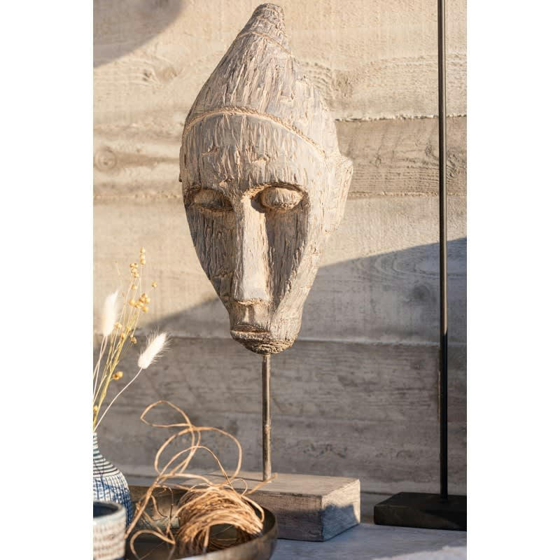 ETHNIQUE - Tête sur pied en magnésie et argile beige H65cm