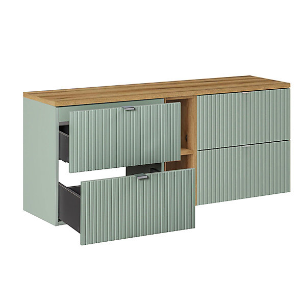Ensemble meuble double vasque 140cm 4 tiroirs 2 niches colonne et 3 armoires murales Jade Vert et Bois