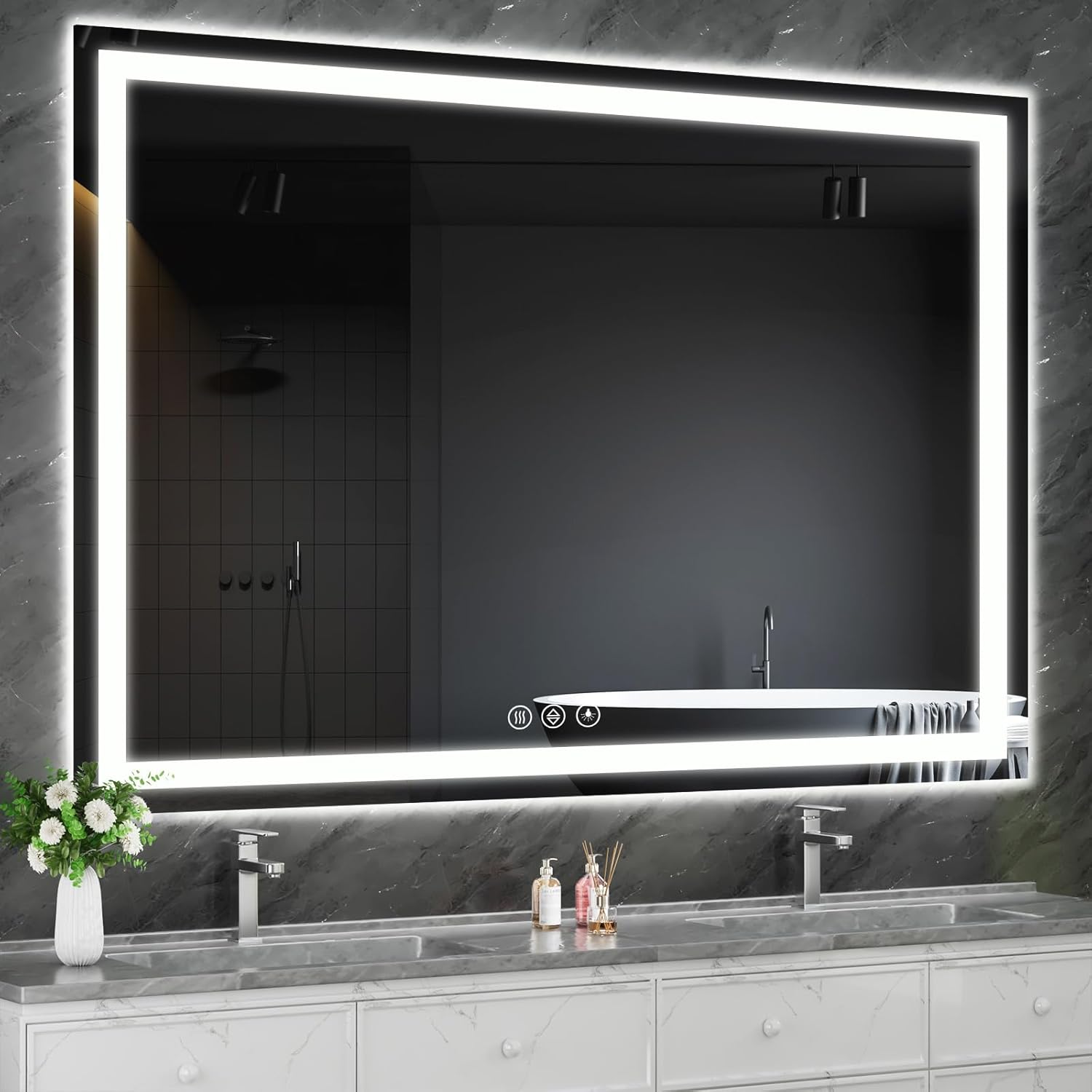 Koonmi 40x60 LED Bathroom Mirror, Backlit + Front Lit, LED Bathroom Mirror with Lights for Wall, 3 Colors, Anti-Fog, Dimmable Brightness, Memory Function, Tempered Glass