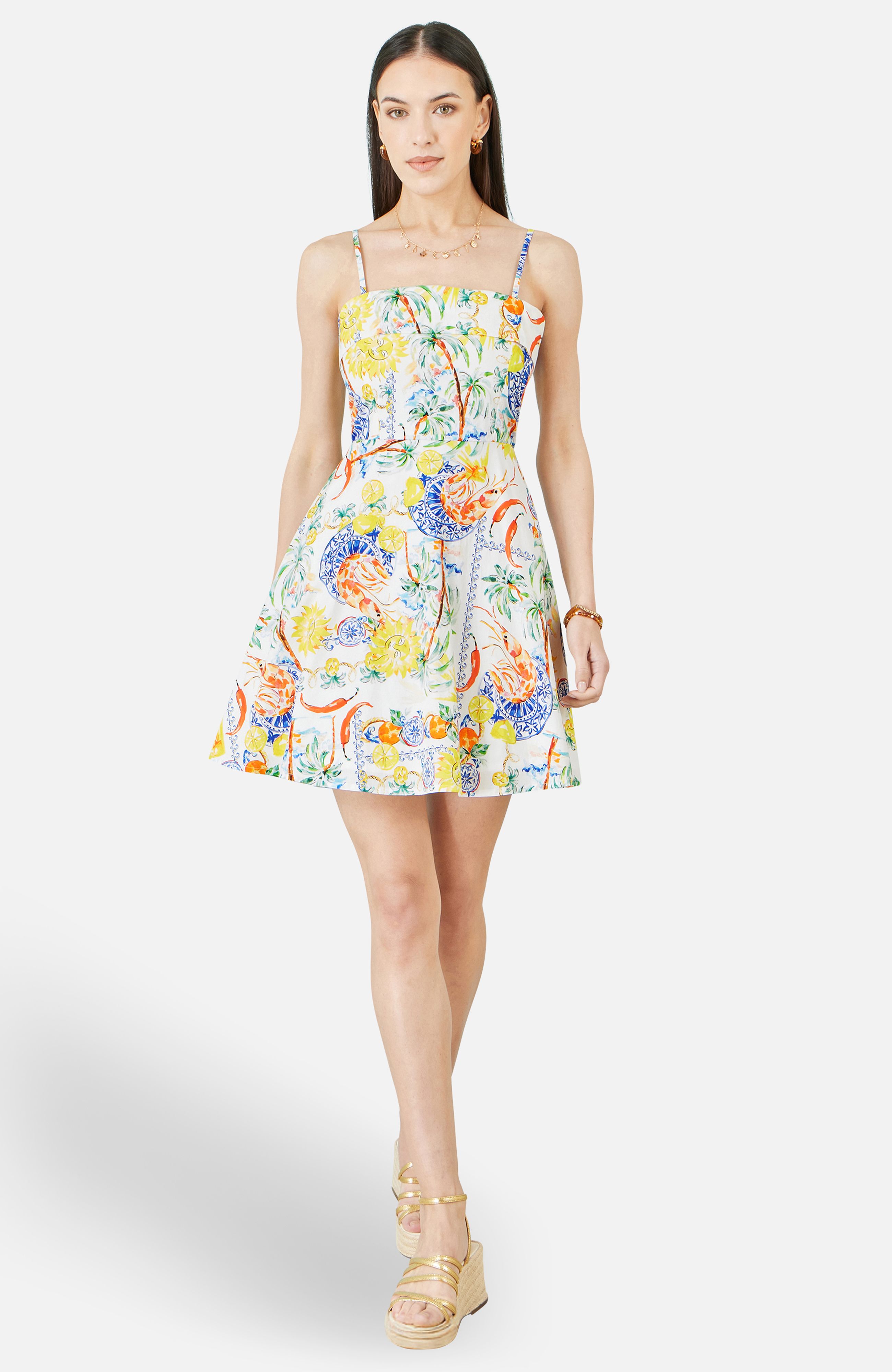 Yumi White Mediterranean Print Cotton Mini Sun Dress