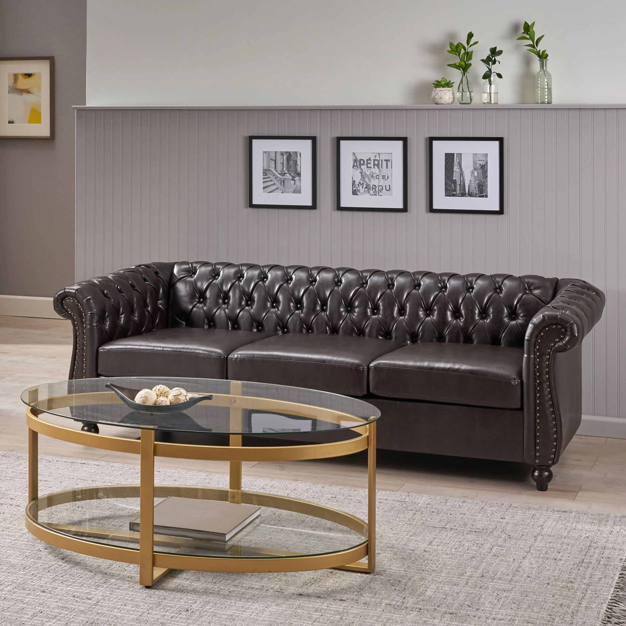 Brown Chesterfield 84.75 Button Tufted Upholstered 3-seater Sofa with Nailheads and Wood Legs