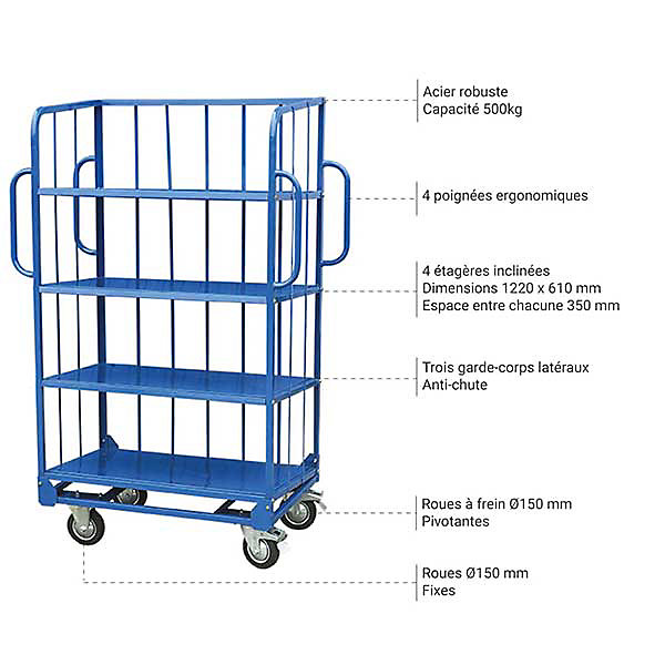 Chariot servante d'atelier - 4 plateaux 1120x610mm - Charge max 500kg - Chariot roulant - Logistique - WN504