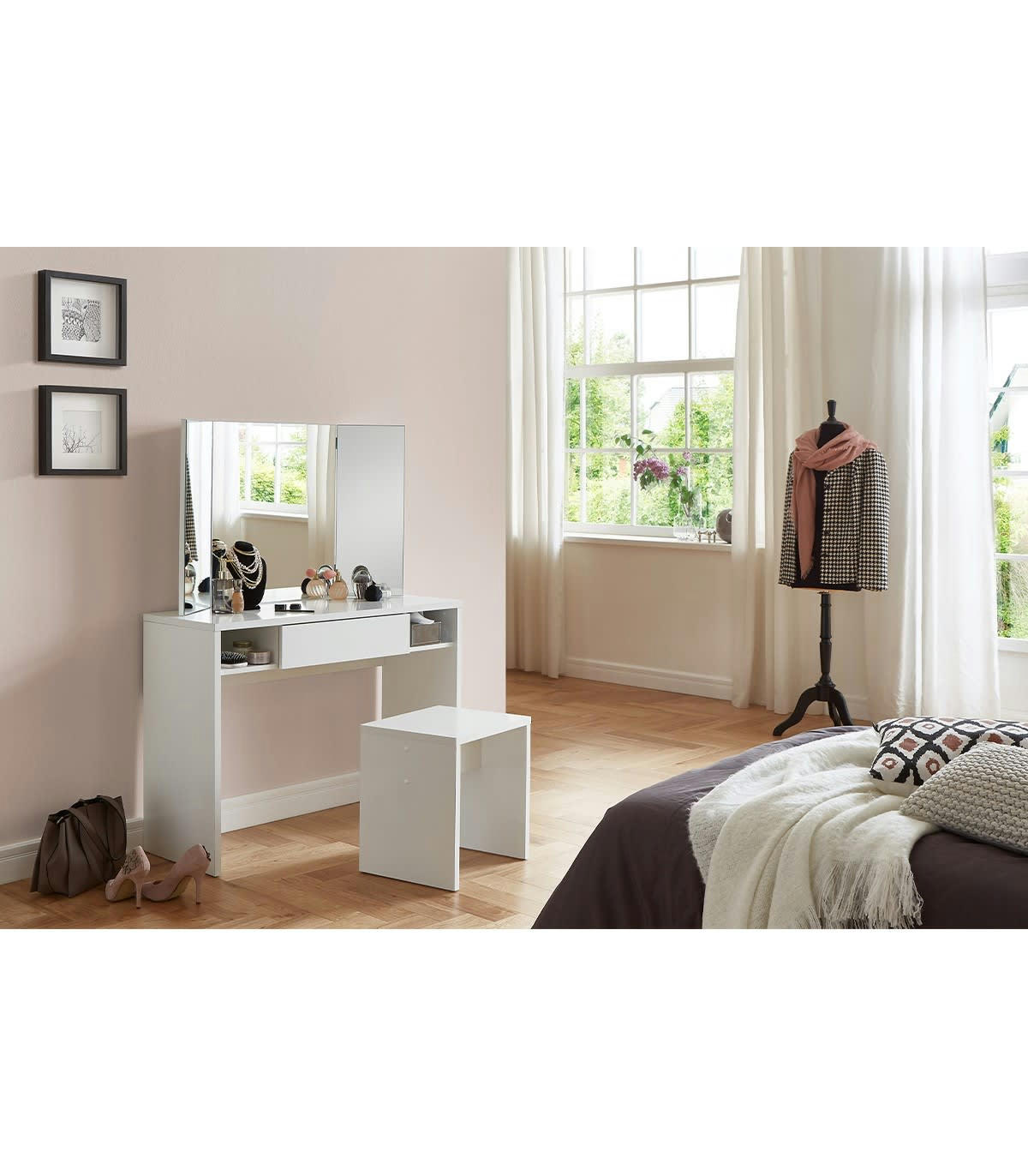 SCHMINKI - Coiffeuse 1 Tiroir 2 Niches avec Miroir 3 Pans