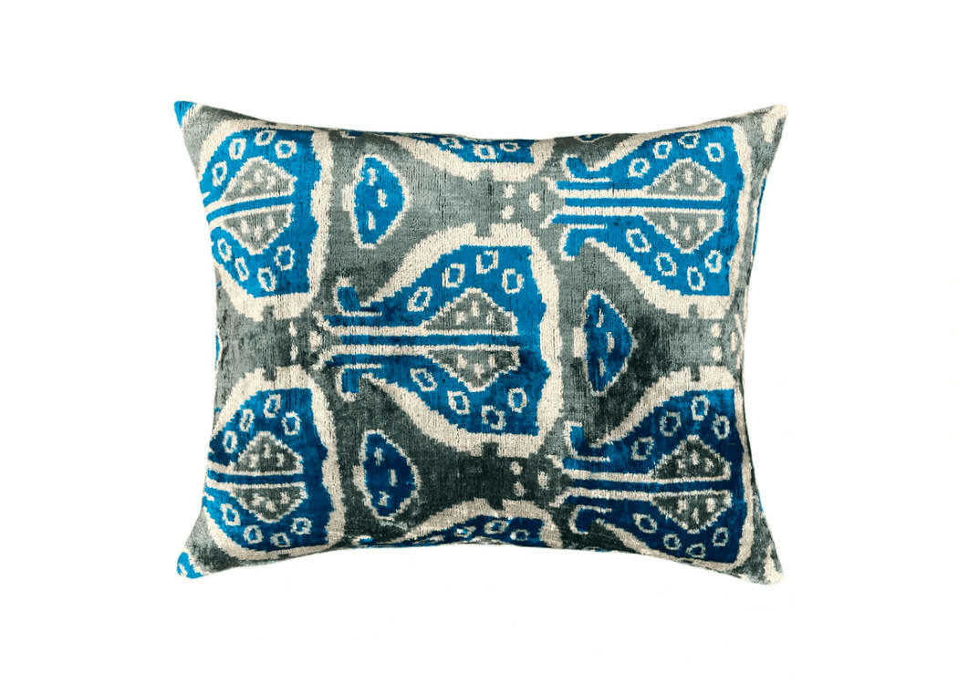 - Housse de coussin velours et soie ikat  40x50 bleu