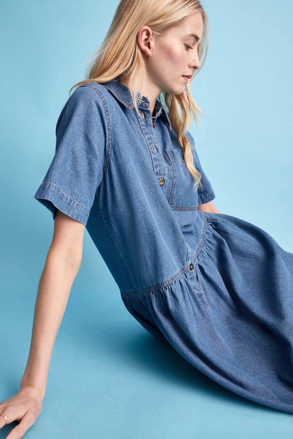Warehouse Denim Dropped Waist Midi Shirt Dress