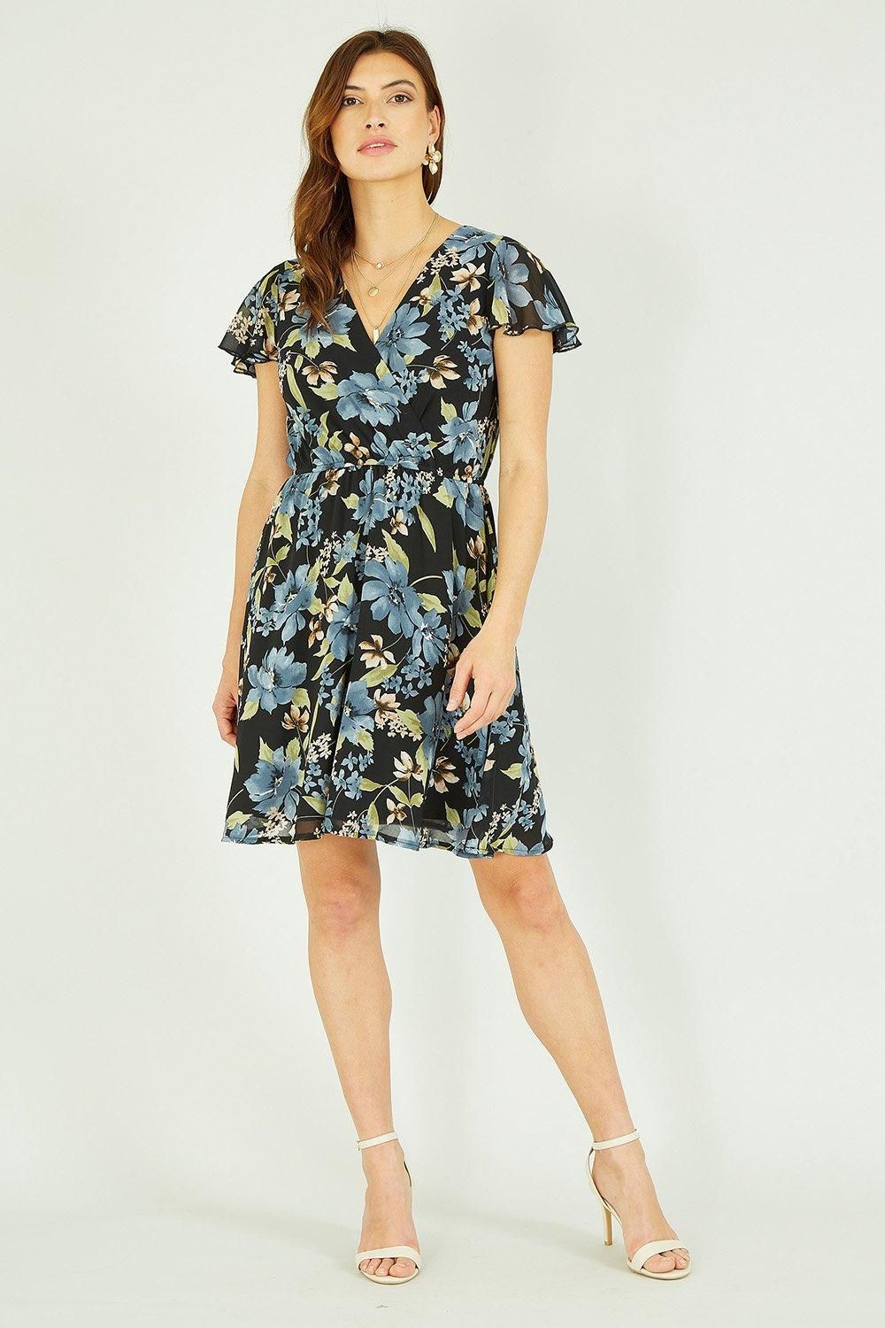 Mela Floral Print Wrap Skater Dress In Black