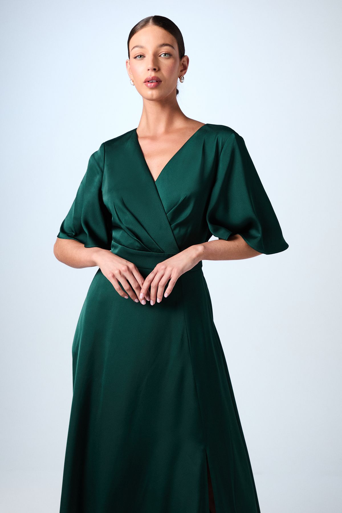Coast Angel Sleeve Wrap Satin Maxi Bridesmaid Dress