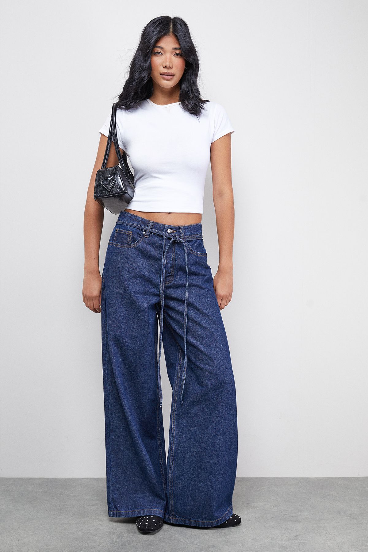 Warehouse Tie Waist Wide Leg Denim Jean