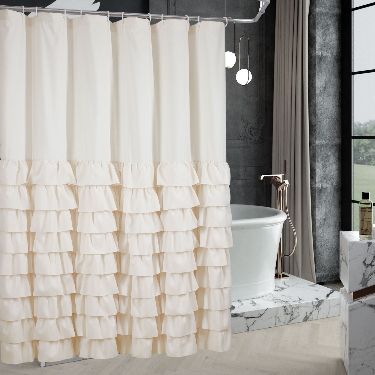 Delicate Microfiber Shower Curtain Handsewn Overlapping Ruffle Bath Curtain 72