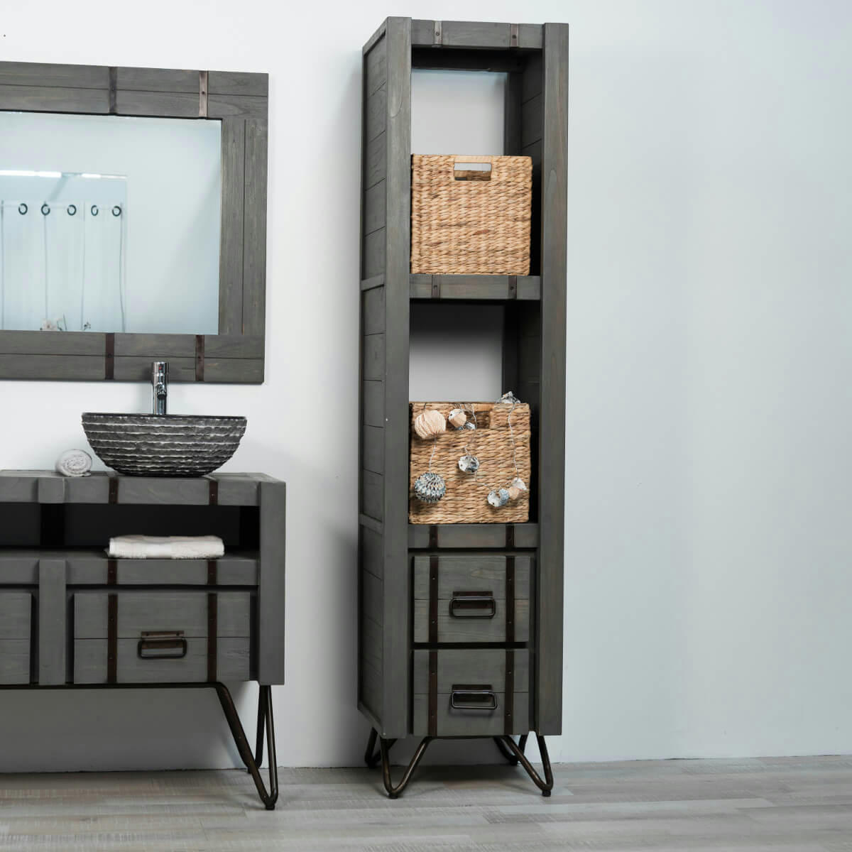 - Colonne de salle de bain en bois et métal gris H190cm