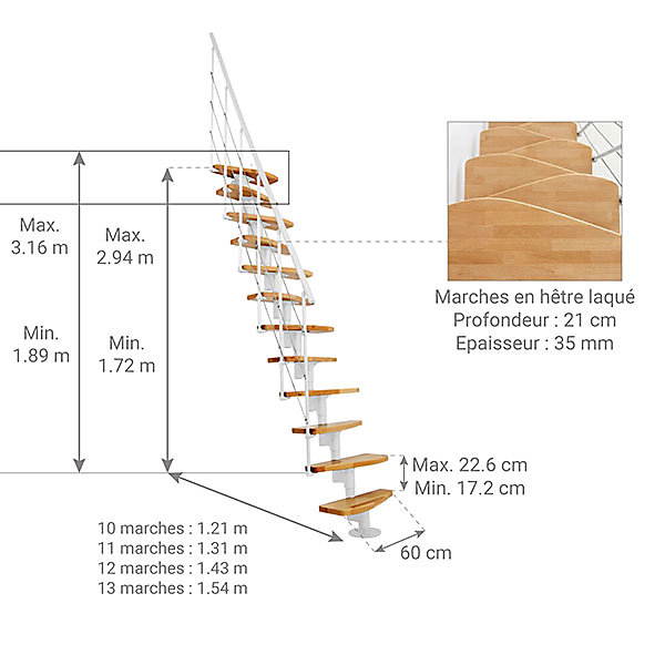 Escalier droit 10 marches - Hauteur à franchir 1.89 à 2.49m - Largeur 65cm -Structure blanche et marche hêtre - NIZZA60/I/BN-10