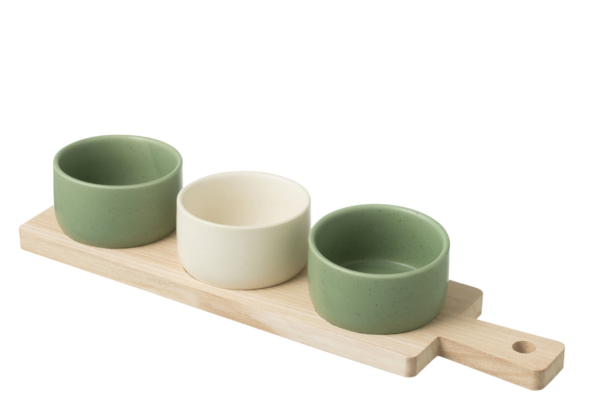 J-Line tapasplank 3 kommen   bambouschaal In Doos - keramiek/hout - wit/groen