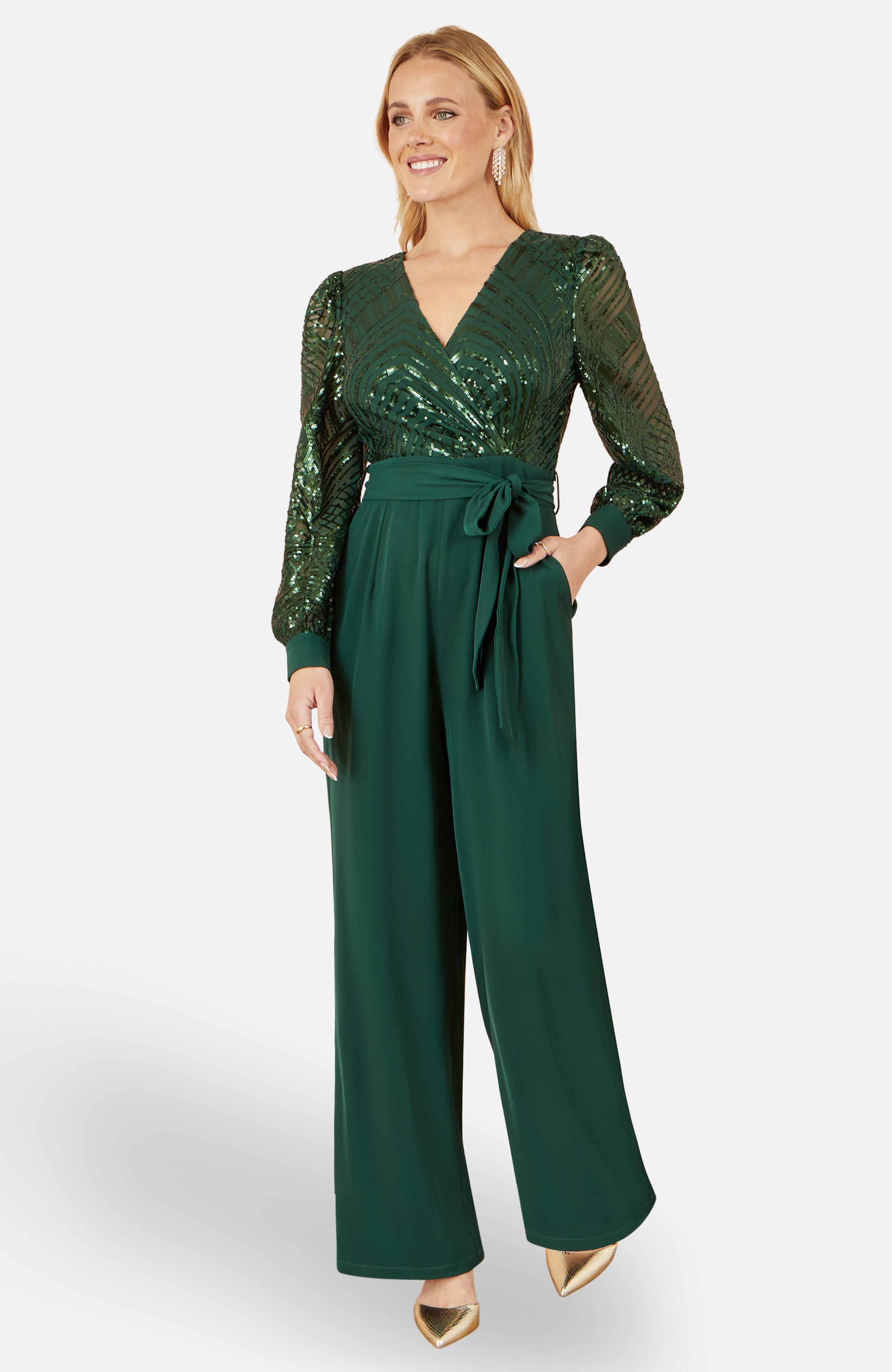 Yumi Green Sequin Wrap Over Jumpsuit