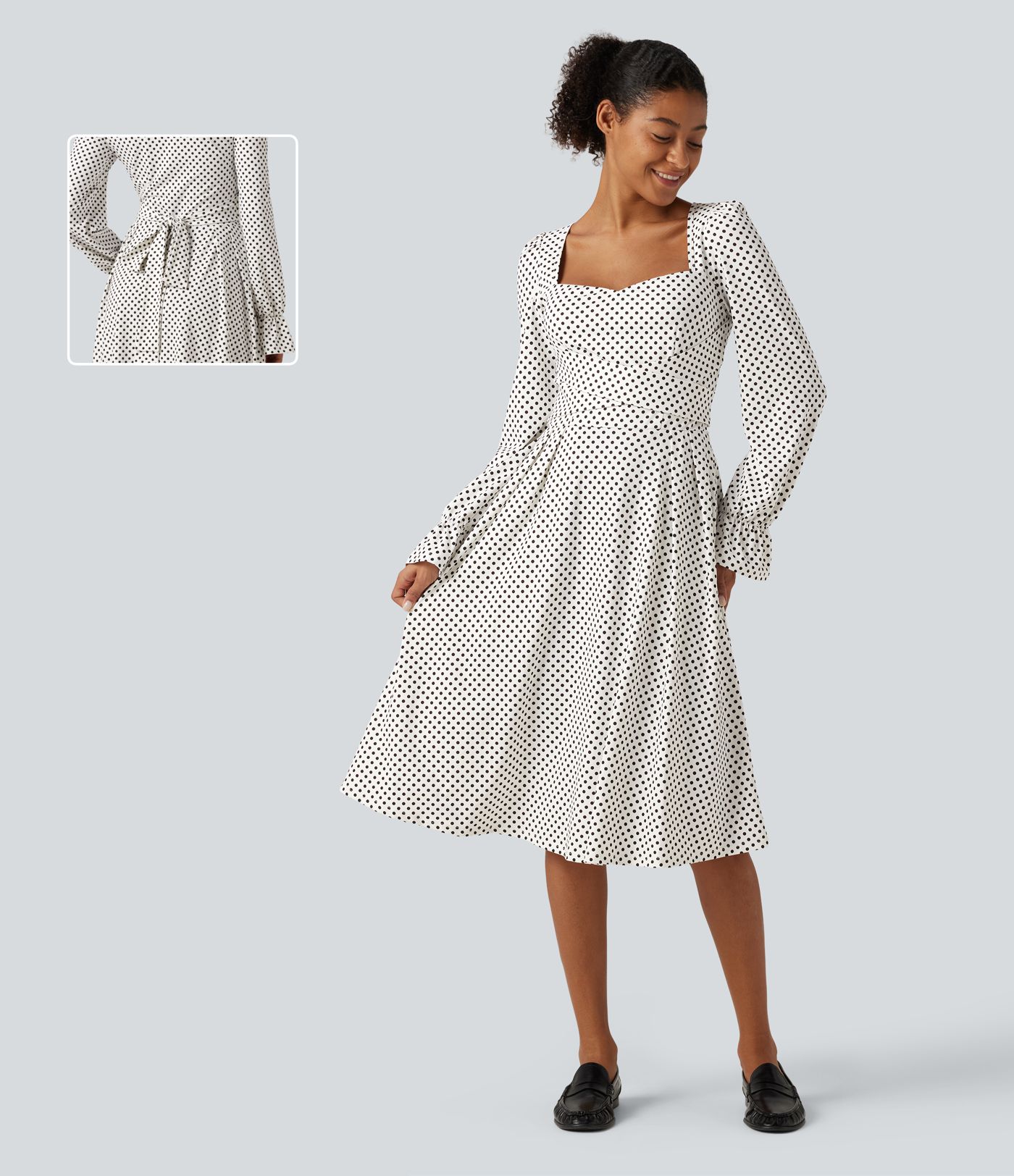 Robe midi à pois à encolure carrée, fronces, manches longues bouffantes et poches