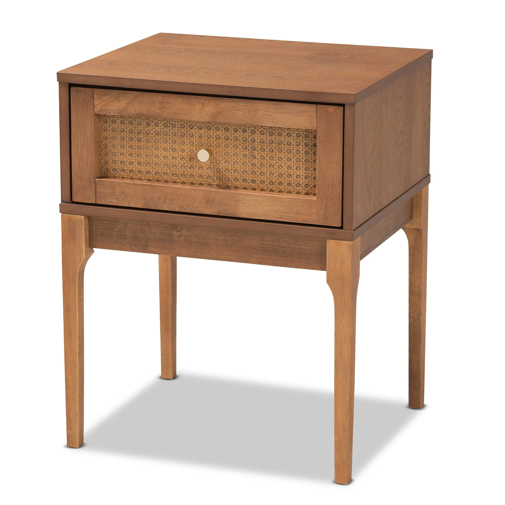 Ramiel Mid-Century Modern Ash Walnut Finished Wood and Rattan 1-Drawer Nightstand