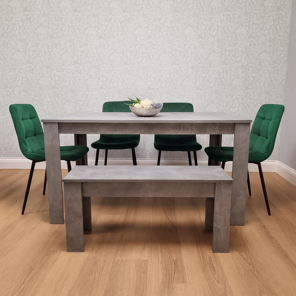 KOSY KOALA Modern Stone Grey Effect Set with 4 Green Velvet Chairs And Bench