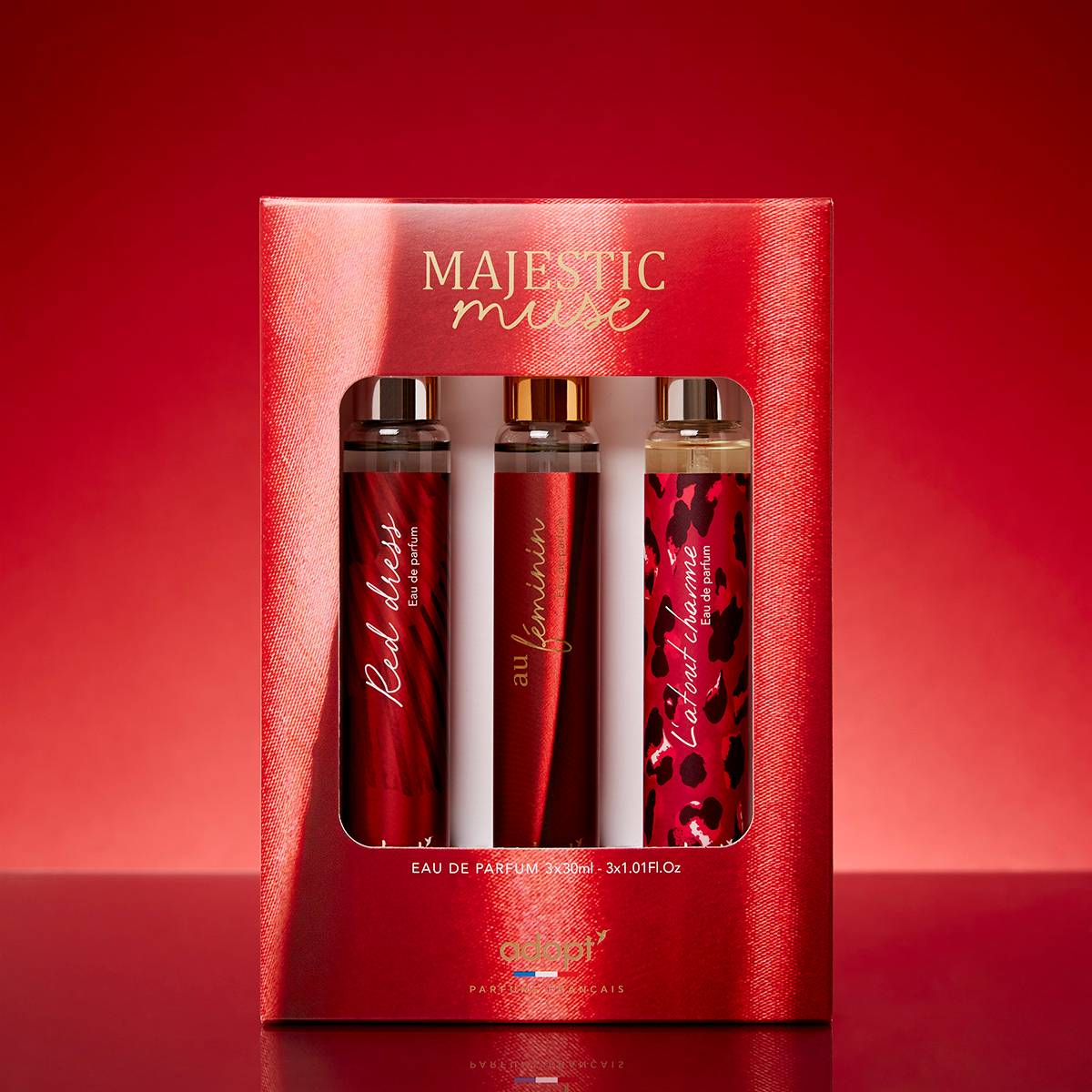 Majestic MuseCoffret 3 eaux de parfums Red Dress 30 ml, Au féminin 30 ml, L'Atout charme 30 ml