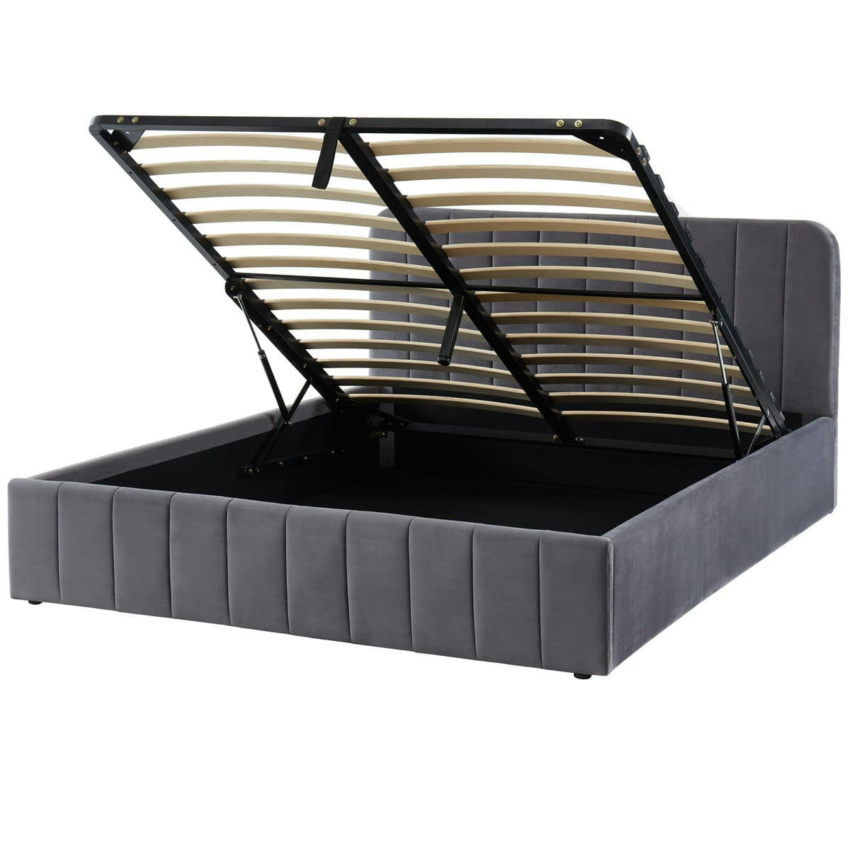 AVA - Lit coffre 160x200cm en velours gris + tête de lit + sommier à lattes