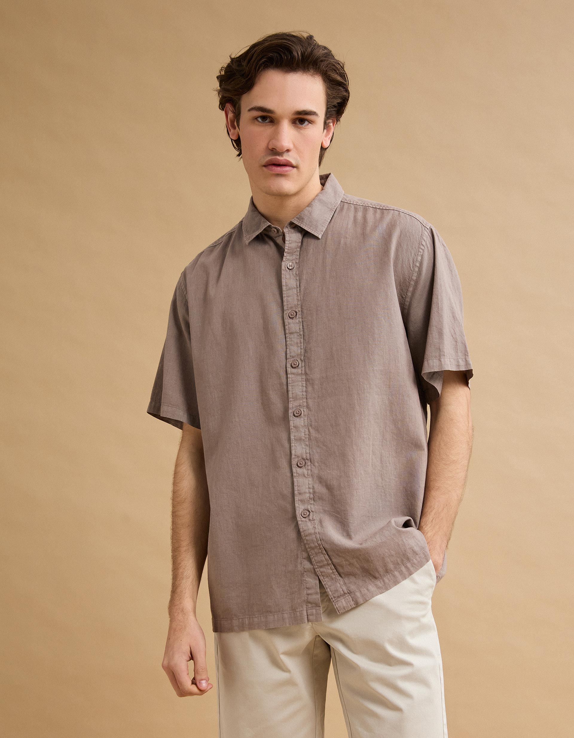 Camisa com Linho, Homem, Castanho Claro