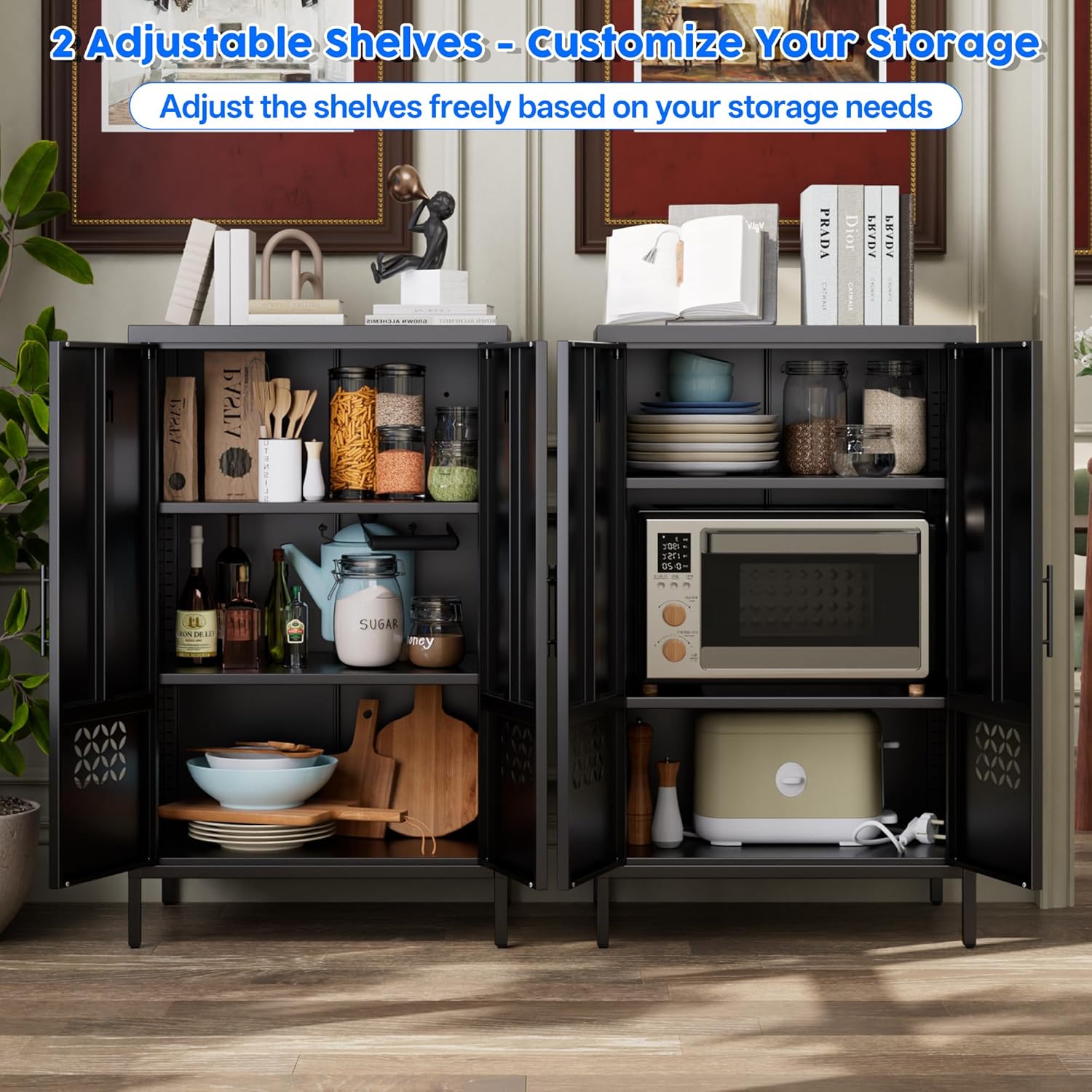 Metal Storage Cabinet with Adjustable Shelves,Metal Sideboard Cabinet with 2 Doors for Home,Office, 42 H x 26 W x 14 D,Assembly Required,Black
