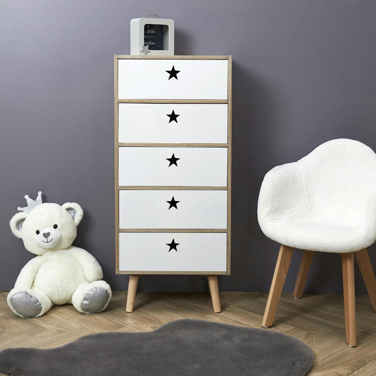 LIKE A STAR - Chiffonnier 5 tiroirs en mdf et bois de pin blanc et