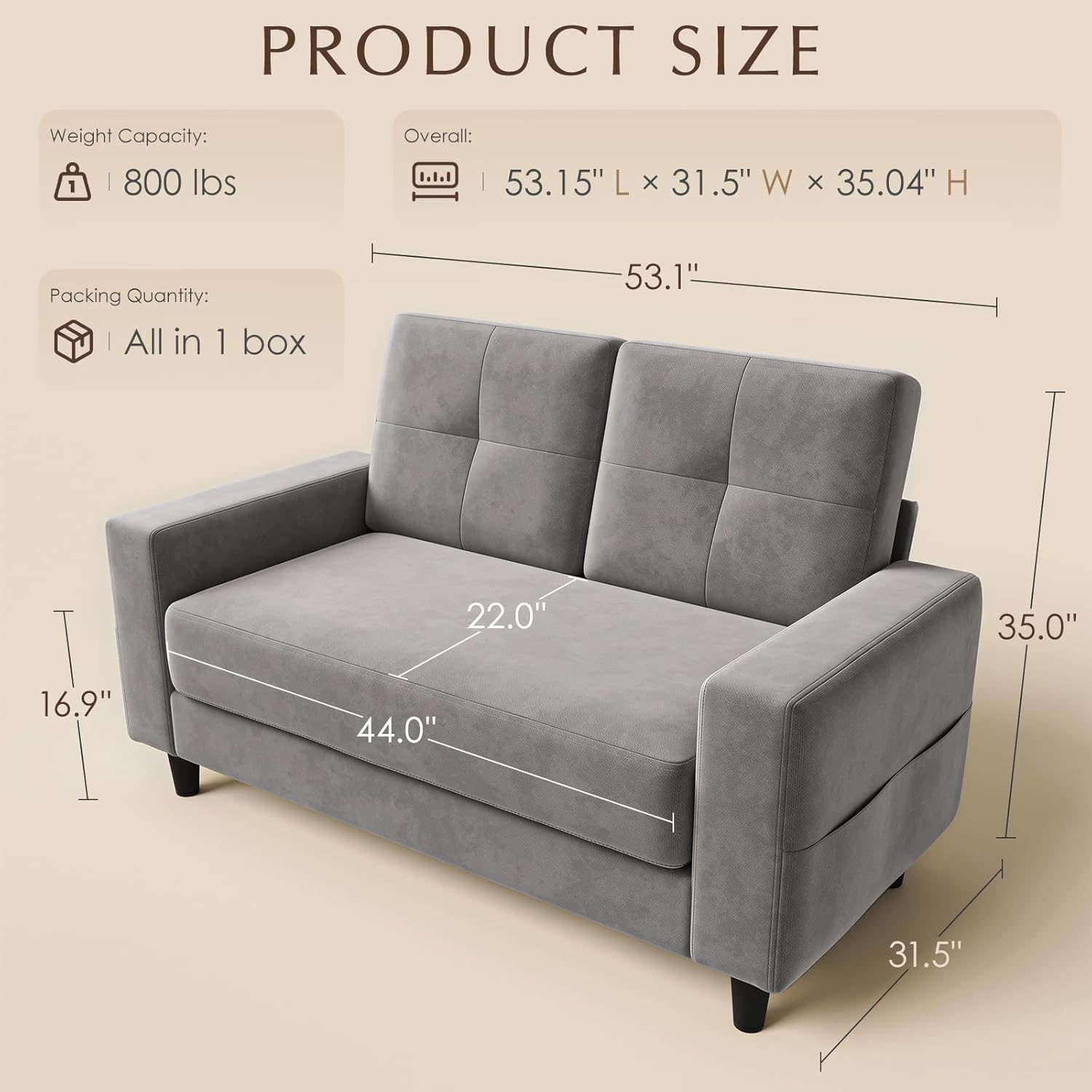 Loveseat Sofa丨53 inch Love Seat Small Couch for Small Space 丨7.5” Thick Seat Cushion Sofas for Bedroom丨Chenille Mini Couch for Apartment Light Grey