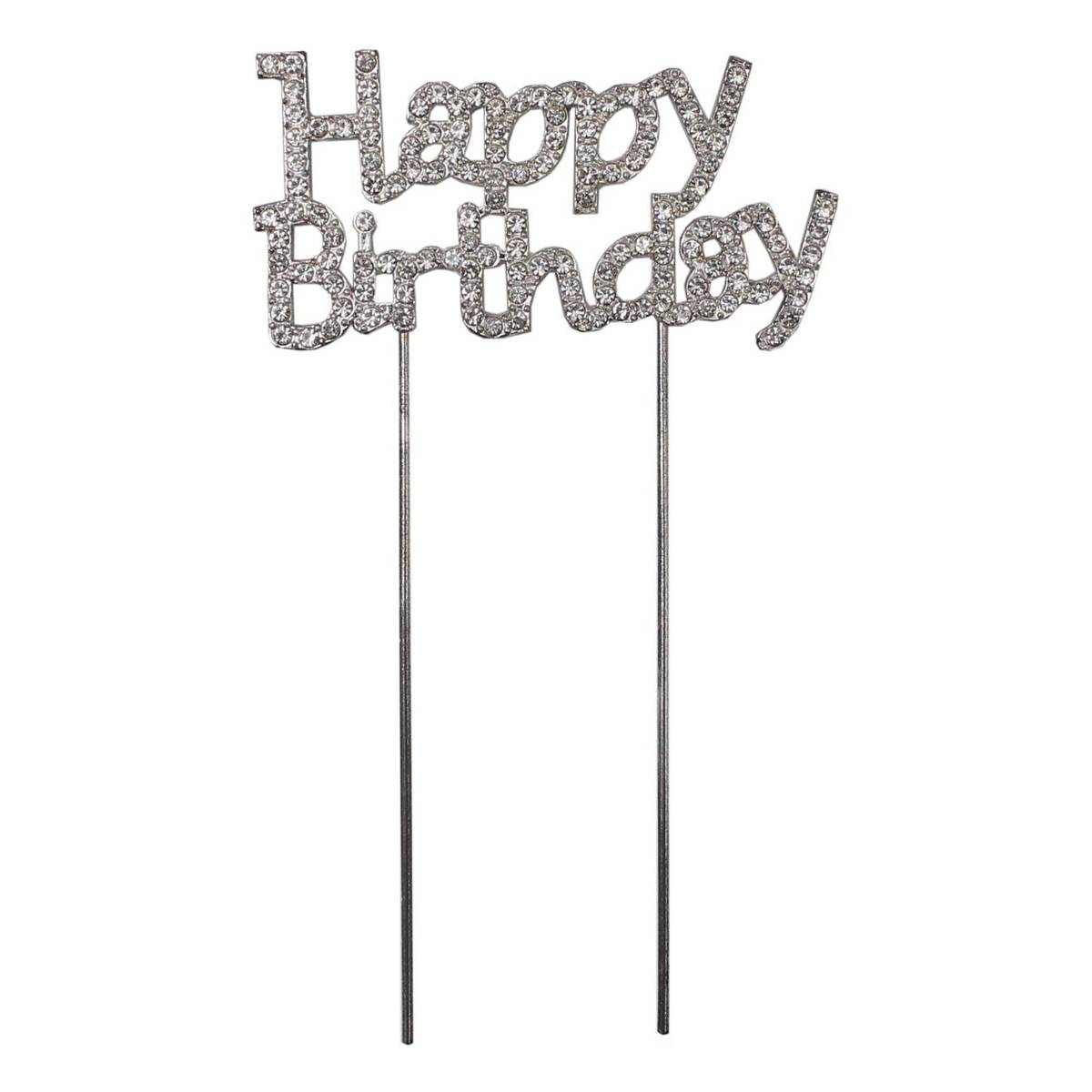 Silver Happy Birthday Diamante Cake Pick
