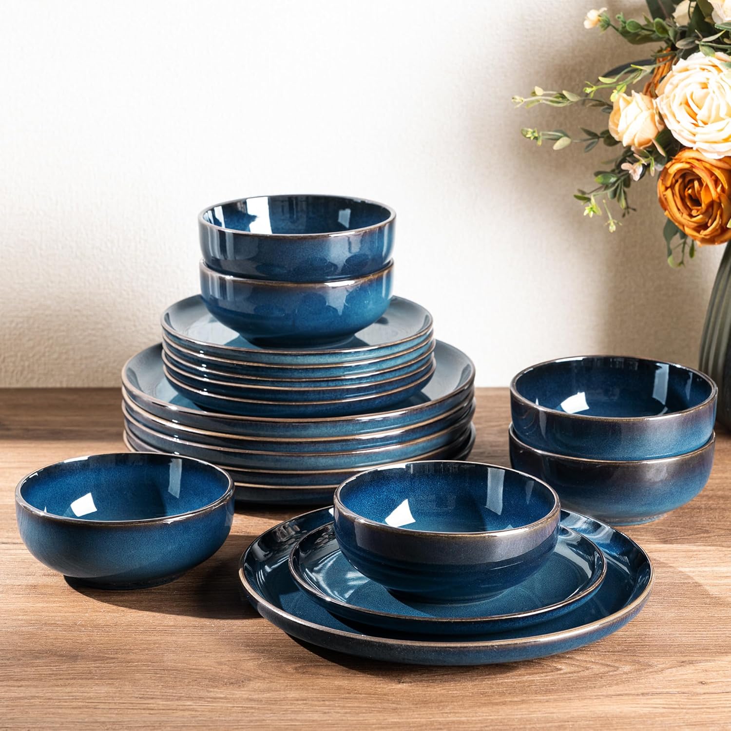 GBHOME Ceramic Dinnerware Sets for 4, 12 Pieces Stoneware Plates and Bowls Sets, Scratch Resistant Dishes, Dishwasher & Microwave Safe, Reactive Glaze-Pacific Blue
