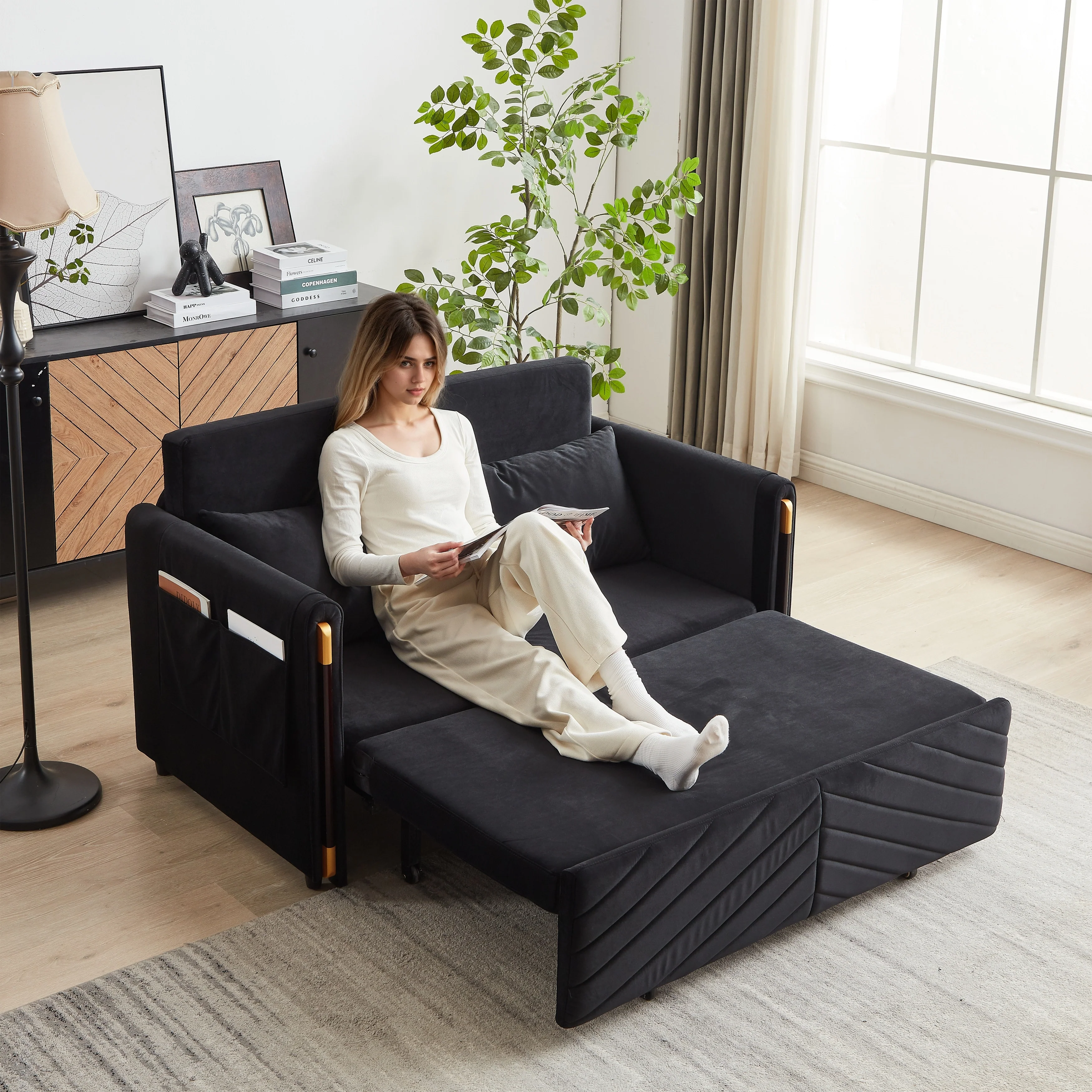 54 Velvet Pull-Out 2-Seater Sofa Bed with Adjustable Backrest & 2 Pillows